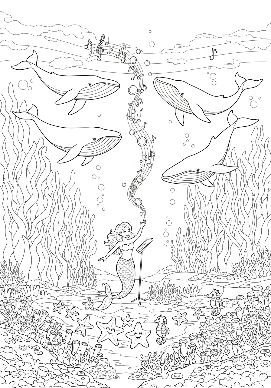 Mermaid's Whale Song Concert Coloring Page -- prompt: "black lines only Graceful mermaid with flowing hair conducts majestic humpback whales in underwater symphony, musical notes floating as bubbles through kelp forest, starfish and seahorses watching from coral reef, bold outlines perfect for coloring book illustration flat black lines, premium coloring page, coloring sheet, line drawing, Coloring Book, NO COLOR, NO SHADING, WHITE BACKGROUND. NO GRAY, BLACK AND WHITE, NO COLOR" -- A musical mermaid conducts a concert of singing whales in this majestic underwater scene. Musical notes float through the water as whales of different sizes create a harmonious performance. The combination of large and small elements teaches scale while celebrating the beauty of ocean music.