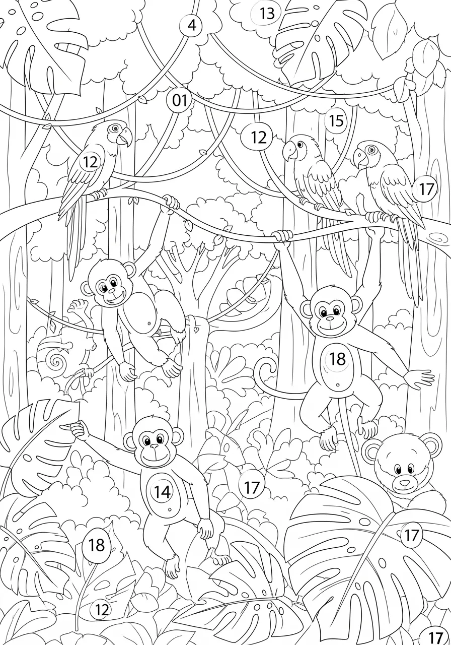 Number Jungle Adventure Coloring Page -- prompt: "black lines only Fun coloring book page featuring playful jungle adventure with cheerful monkeys swinging on thick vines, colorful parrots perched on branches, exotic animals hiding behind large tropical leaves, bold numbered circles 1-18 scattered throughout towering trees creating educational entertainment flat black lines, premium coloring page, coloring sheet, line drawing, Coloring Book, NO COLOR, NO SHADING, WHITE BACKGROUND. NO GRAY, BLACK AND WHITE, NO COLOR" -- Swing through the jungle canopy where monkeys, parrots, and tropical creatures each display numbers from 1 to 18. Vines twist around numbered trees while colorful birds perch on branches marked with their counting companions. This wild adventure makes learning numbers as exciting as exploring the rainforest!