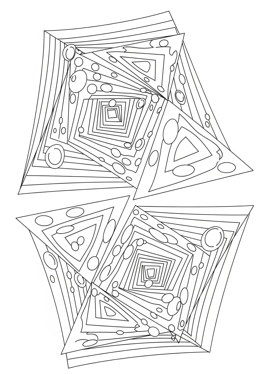 Optical Illusion Shapes Gallery Coloring Page -- prompt: "black lines only Playful optical illusion coloring page featuring bold geometric shapes - spinning triangles, morphing squares, and overlapping circles creating mesmerizing depth effects. Clean black outlines on white background with cheerful movement patterns perfect for creative coloring adventures. flat black lines, premium coloring page, coloring sheet, line drawing, Coloring Book, NO COLOR, NO SHADING, WHITE BACKGROUND. NO GRAY, BLACK AND WHITE, NO COLOR" -- Prepare to be amazed by this mind-bending optical illusion created entirely with geometric shapes! The clever arrangement of triangles, squares, and circles creates fascinating visual effects that seem to move and shift. This challenging design offers advanced colorists an opportunity to enhance the illusion through strategic color choices.