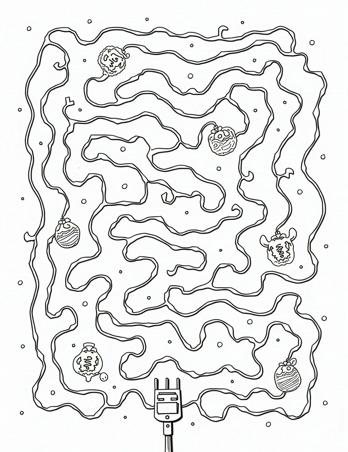 Christmas Light Maze Coloring Page -- prompt: "black lines only Playful Christmas maze coloring page: tangled string lights form winding paths, starting from oversized plug. Cartoon elves guide the way through candy cane signposts. Cheerful ornaments dot the route, leading to a jolly, decorated tree. Bold outlines perfect for coloring. flat black lines, premium coloring page, coloring sheet, line drawing, Coloring Book, NO COLOR, NO SHADING, WHITE BACKGROUND. NO GRAY, BLACK AND WHITE, NO COLOR" -- This clever coloring page combines a maze with Christmas lights, creating an engaging and festive puzzle. The string of lights forms twists and turns, leading from a plug to a star-topped Christmas tree. It's a fun way to combine problem-solving with coloring for added holiday entertainment.