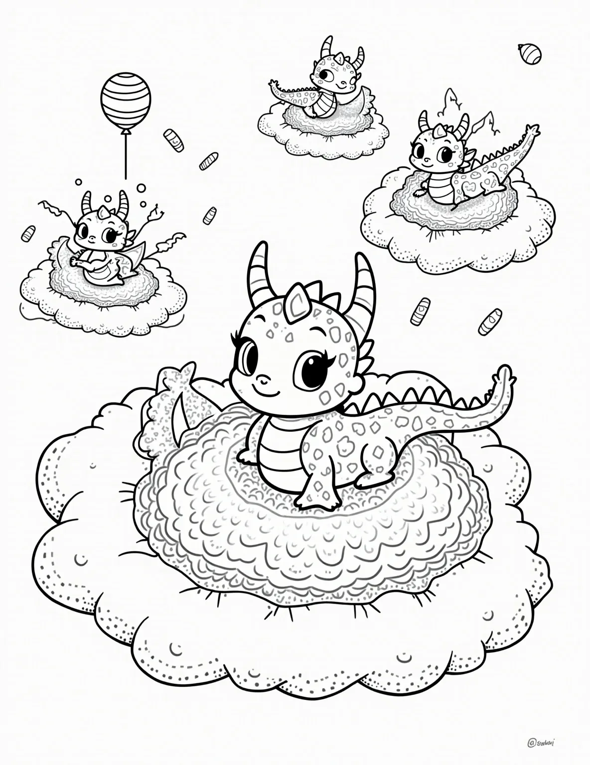 Dragon Racing in the Sky Coloring Page -- prompt: "black lines only Playful dragons soar through puffy cloud mazes, dodging floating candy canes and lollipops. Scales shimmer in rainbow hues as they weave around giant balloons. Bold outlines define each element, creating a whimsical scene perfect for coloring. Cheerful expressions adorn dragon faces, inviting imagination. flat black lines, premium coloring page, coloring sheet, line drawing, Coloring Book, NO COLOR, NO SHADING, WHITE BACKGROUND. NO GRAY, BLACK AND WHITE, NO COLOR" -- Feel the excitement with this dynamic dragon racing coloring page. Multiple dragons soar through a cloud-filled sky, competing in a thrilling aerial race. This action-packed scene is perfect for those who love movement and energy in their coloring pages.