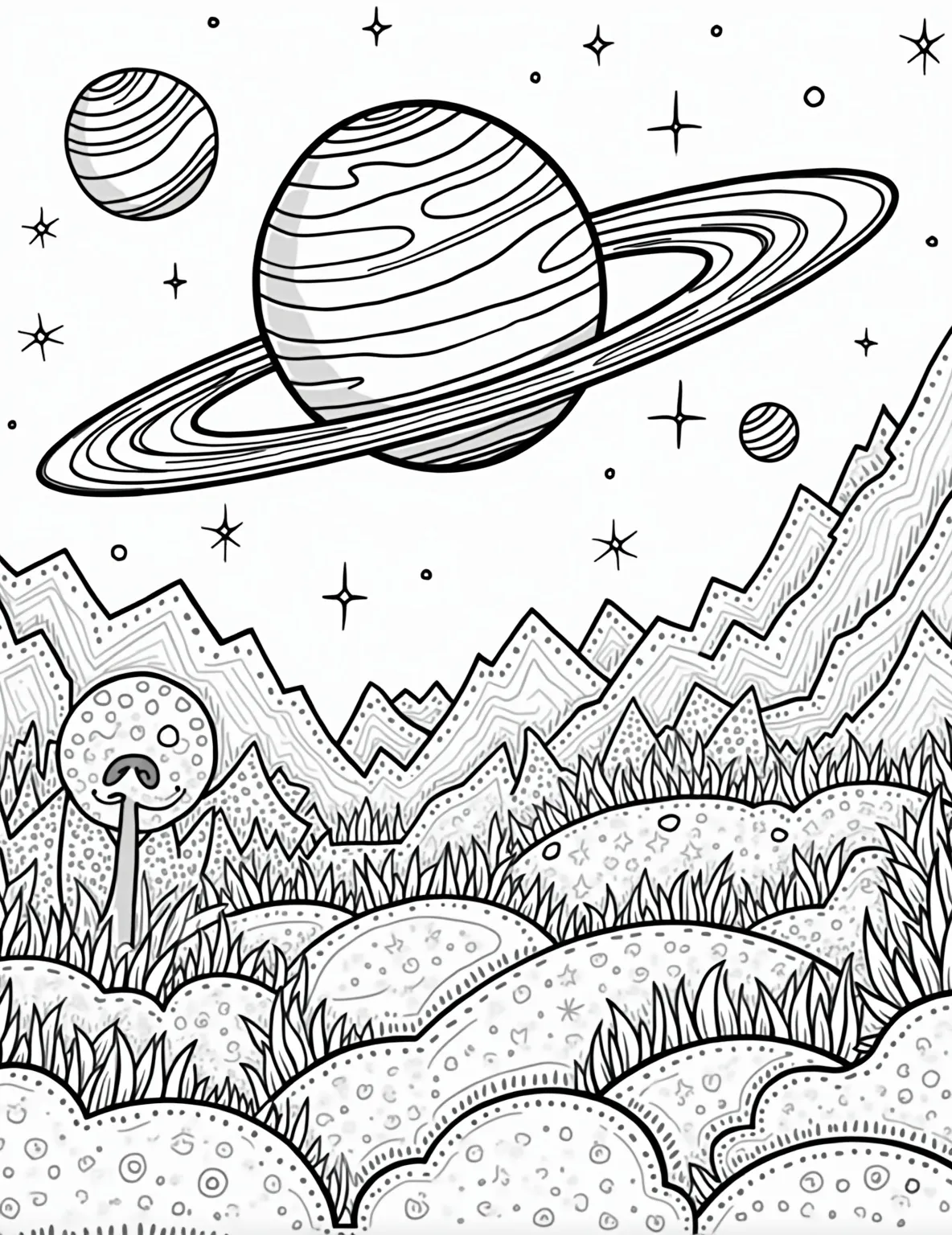 Exoplanet Discovery -- prompt: "black lines only Coloring page of whimsical alien planet with swirling rings, dotted craters, and zigzag mountains. Quirky star-shaped creatures peek from behind chunky, spiraling clouds. Bold outlines define fantastical flora and curvy terrain. Playful patterns fill empty spaces, inviting creative coloring adventures. flat black lines, premium coloring page, coloring sheet, line drawing, Coloring Book, NO COLOR, NO SHADING, WHITE BACKGROUND. NO GRAY, BLACK AND WHITE, NO COLOR" -- Journey beyond our solar system with this exoplanet coloring page. It features an alien world orbiting a distant star, complete with unique geographical features and maybe even signs of life. This page encourages colorists to imagine what other worlds might look like.