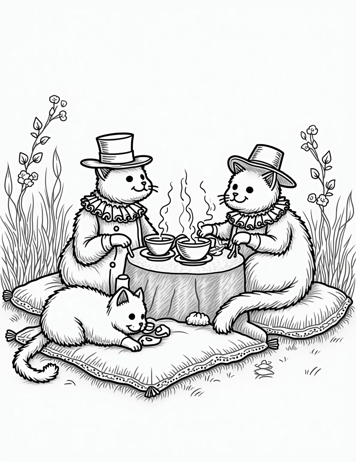 Elegant Cat Tea Party Coloring Page -- prompt: "black lines only Victorian felines in ruffled collars and top hats gather for a whimsical tea party. Bold outlines define their elegant attire, teacups, and fish-shaped cookies. Simple, clean shapes perfect for coloring. Playful scene with cats lounging on cushions, sipping tea. Charming garden backdrop with flat black lines, premium coloring page, coloring sheet, line drawing, Coloring Book, NO COLOR, NO SHADING, WHITE BACKGROUND. NO GRAY, BLACK AND WHITE, NO COLOR" -- Step into a world of feline sophistication with this delightful cat tea party scene. Featuring a group of cats dressed in Victorian-era attire, sipping tea and nibbling on fish-shaped cookies, this coloring page is full of whimsy and charm. It's an ideal choice for adults who appreciate detailed, imaginative designs with a touch of humor.