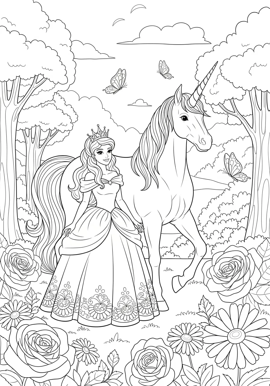 Princess and Unicorn Best Friends Coloring Page -- prompt: "black lines only Fun coloring book style illustration of a smiling princess wearing a flowing gown standing beside her majestic unicorn companion in an enchanted forest clearing surrounded by large blooming flowers and cheerful butterflies with bold black outlines flat black lines, premium coloring page, coloring sheet, line drawing, Coloring Book, NO COLOR, NO SHADING, WHITE BACKGROUND. NO GRAY, BLACK AND WHITE, NO COLOR" -- This magical coloring page shows a sweet princess alongside her loyal unicorn companion in a mystical forest setting. The unicorn features a flowing mane and spiral horn, while the princess wears a simple yet beautiful dress. Flowers and butterflies add extra charm to this fantasy scene.