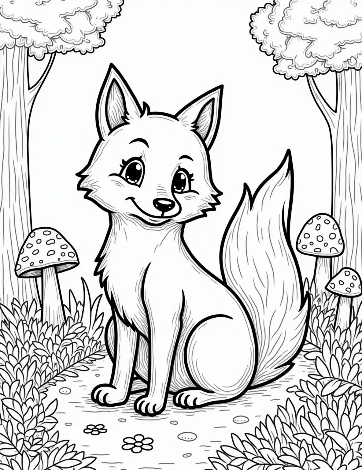 Curious Red Fox in the Forest Coloring Page -- prompt: "black lines only Playful line-art fox, alert ears perked, sits centerpiece in forest clearing. Thick outlines define ferns, toadstools, daisies. Bold, simplified shapes perfect for coloring. Negative space between elements creates intricate patterns. Whimsical scene radiates childlike wonder, inviting creative expression. flat black lines, premium coloring page, coloring sheet, line drawing, Coloring Book, NO COLOR, NO SHADING, WHITE BACKGROUND. NO GRAY, BLACK AND WHITE, NO COLOR" -- Explore the woods with this enchanting fox coloring page. The alert fox peering through ferns and flowers showcases the beauty of forest wildlife. Perfect for those who appreciate woodland creatures and detailed nature scenes.