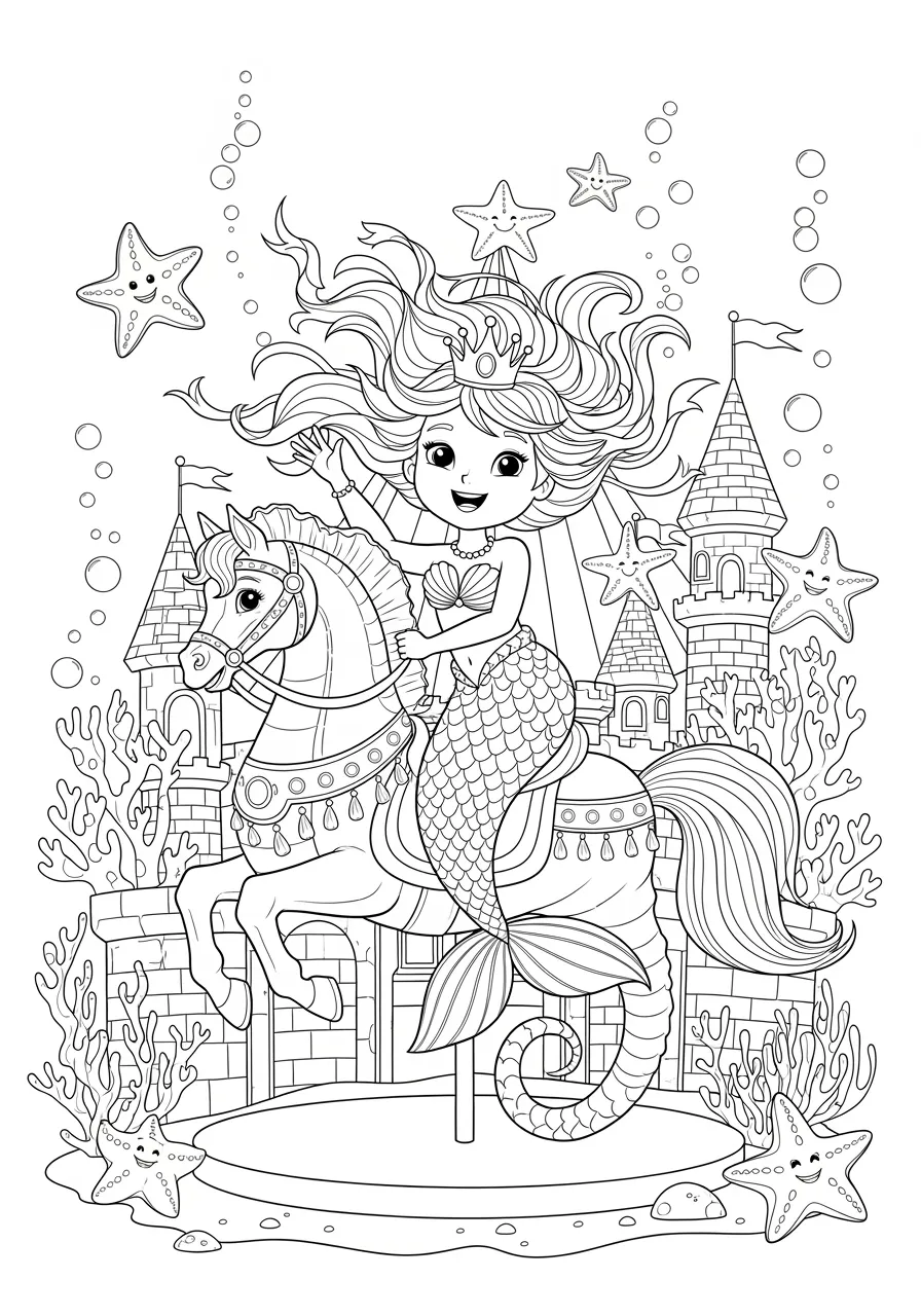 Mermaid's Seahorse Carousel Ride Coloring Page -- prompt: "black lines only Cheerful mermaid with flowing hair sits atop ornate carousel seahorse, surrounded by floating starfish, coral arches, and bubble trails in underwater carnival setting, bold black outlines, simple shapes perfect for coloring book pages flat black lines, premium coloring page, coloring sheet, line drawing, Coloring Book, NO COLOR, NO SHADING, WHITE BACKGROUND. NO GRAY, BLACK AND WHITE, NO COLOR" -- Fantasy meets fun in this whimsical scene where a mermaid rides a magical seahorse carousel in the depths of the ocean. Decorative elements and swirling water currents create movement and joy throughout the page. The circular composition guides the eye around the entire coloring experience.
