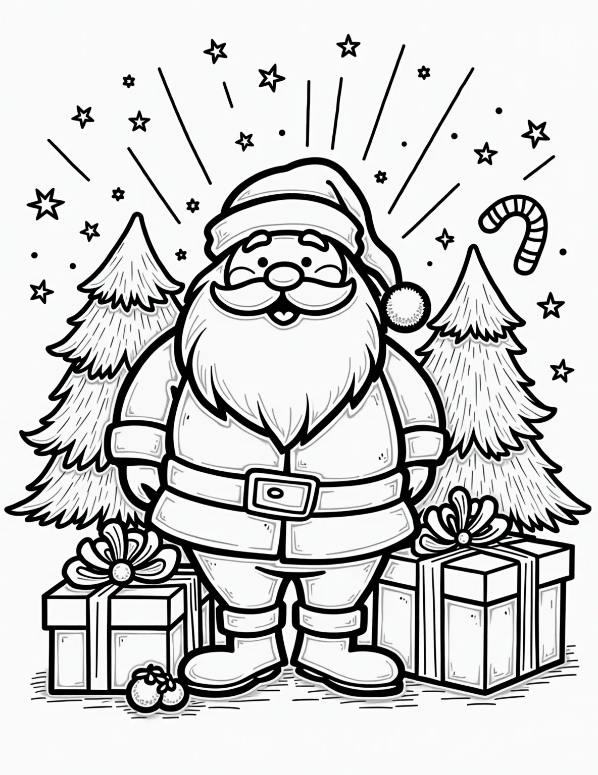 Vintage Christmas Postcard Coloring Page -- prompt: "black lines only Jolly Santa Claus outlined in bold black lines, surrounded by gift boxes, candy canes, and pine trees. Retro-style Christmas greetings in bubbly letters. Snowflakes, ornaments, and ribbons scattered throughout. Empty spaces await colorful crayons. Nostalgic holiday cheer in simplified shapes. flat black lines, premium coloring page, coloring sheet, line drawing, Coloring Book, NO COLOR, NO SHADING, WHITE BACKGROUND. NO GRAY, BLACK AND WHITE, NO COLOR" -- Step back in time with this nostalgic vintage Christmas postcard coloring page. The image features a classic holiday scene with retro-style artwork and typography. This page is ideal for adults who appreciate vintage aesthetics and the timeless charm of old-fashioned Christmas cards.