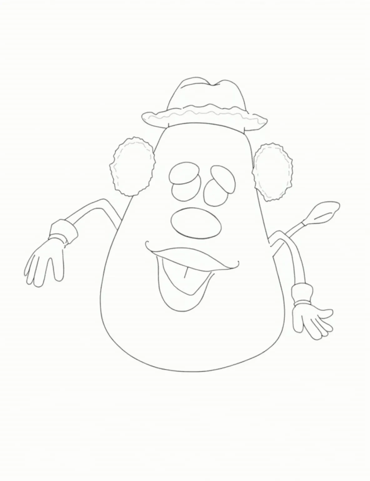 Mr. Potato Head's Costume Party Coloring Page -- prompt: "black lines only Mr. Potato Head, boldly outlined, sports Woody's cowboy hat, Buzz's space gloves, and Rex's tail. Scattered accessories form a playful border. Simple shapes and thick lines invite coloring. Toy Story logos adorn corners. Smiling characters peek from edges, encouraging creative play. flat black lines, premium coloring page, coloring sheet, line drawing, Coloring Book, NO COLOR, NO SHADING, WHITE BACKGROUND. NO GRAY, BLACK AND WHITE, NO COLOR" -- Get ready for a spud-tacular time with Mr. Potato Head's wacky costume party! This entertaining coloring page showcases our versatile veggie friend trying on various Toy Story character costumes. Adults will appreciate the intricate details of each costume piece, while kids will enjoy mixing and matching colors to create their own unique Mr. Potato Head designs.