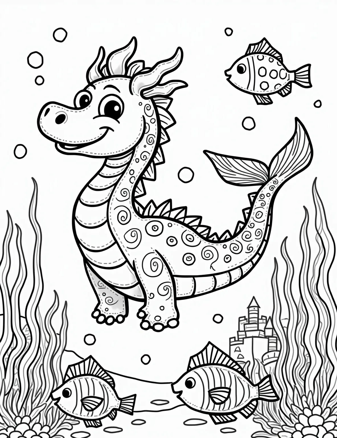 Underwater Dragon Kingdom Coloring Page -- prompt: "black lines only Playful sea dragon with swirling patterns glides through underwater realm. Coral castles with turrets and archways. Cheerful fish in polka dots and stripes. Seaweed fronds frame scene. Bold outlines, simple shapes. Perfect for coloring fun. Bubbles float upward. flat black lines, premium coloring page, coloring sheet, line drawing, Coloring Book, NO COLOR, NO SHADING, WHITE BACKGROUND. NO GRAY, BLACK AND WHITE, NO COLOR" -- Dive into an enchanting underwater realm ruled by a majestic sea dragon. This coloring page features an elegant dragon with fins and gills, presiding over a coral palace teeming with fish and sea creatures. The intricate details of the underwater landscape provide a mesmerizing coloring experience for ocean lovers of all ages.