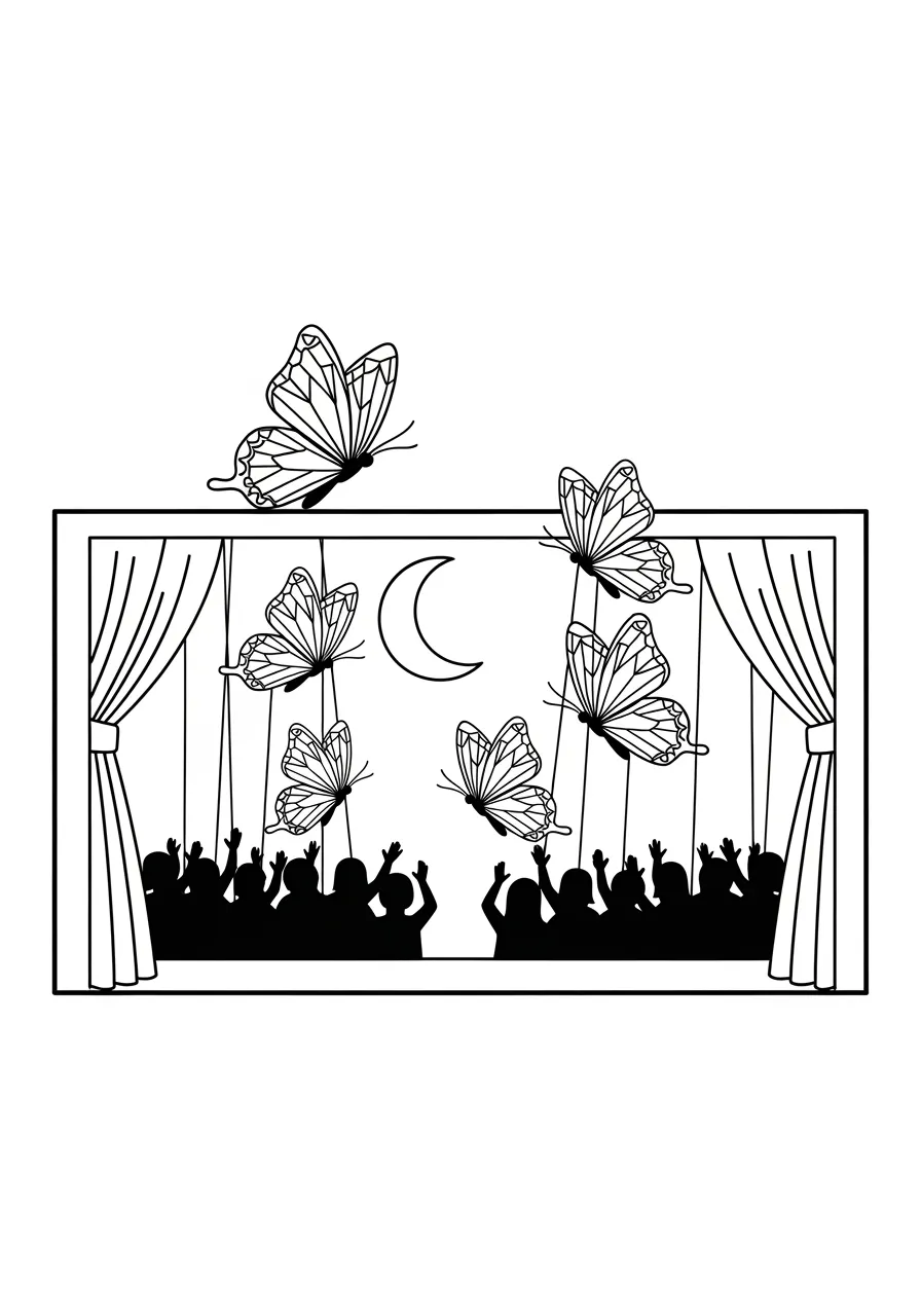 22. Butterfly Shadow Puppet Theater Coloring Page -- prompt: "black lines only Cheerful butterflies with bold wing patterns dancing on miniature shadow puppet theater stage, thick black outlines, simple geometric curtains, smiling audience silhouettes below, clear line art perfect for coloring, playful theatrical scene with distinct separated elements flat black lines, premium coloring page, coloring sheet, line drawing, Coloring Book, NO COLOR, NO SHADING, WHITE BACKGROUND. NO GRAY, BLACK AND WHITE, NO COLOR" -- Experience the magic of shadow puppetry with butterflies as the star performers in this creative coloring page. Silhouettes and detailed butterfly figures create a theatrical scene behind a puppet stage. This unique concept combines art, theater, and nature in an imaginative way.