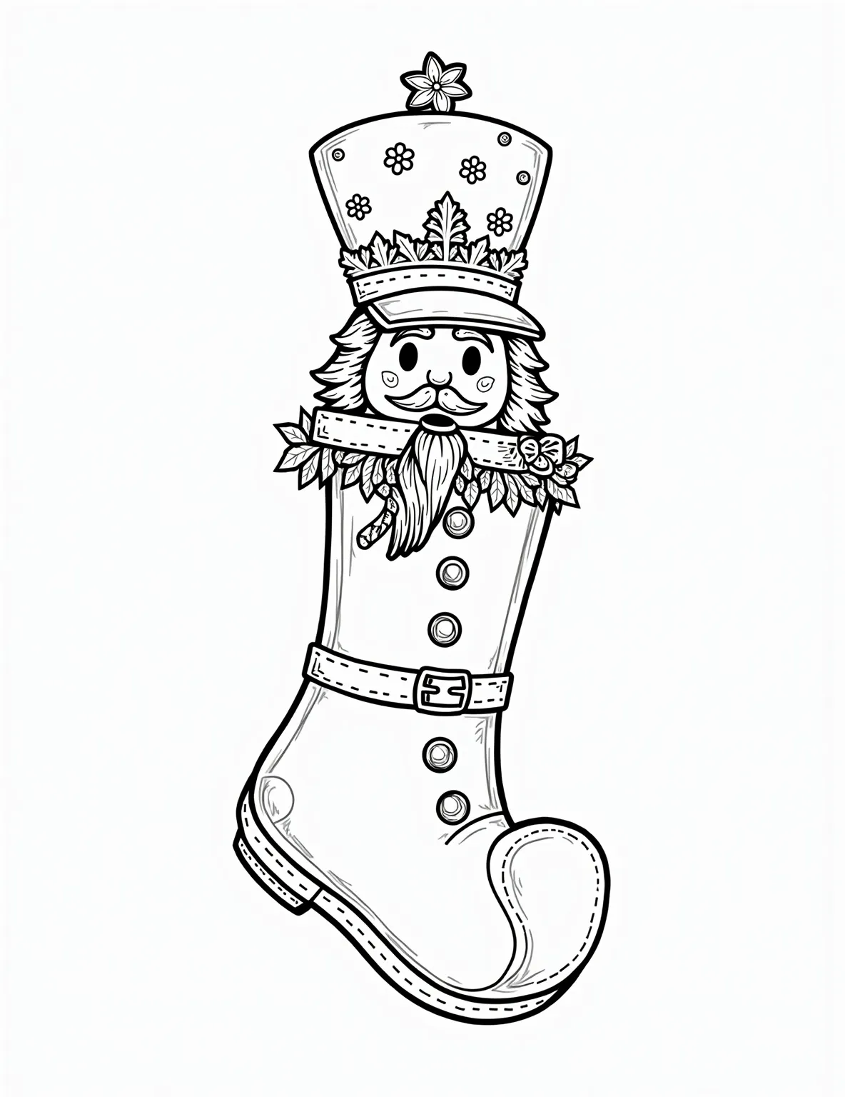 Nutcracker Stocking Coloring Page -- prompt: "black lines only Christmas stocking reimagined as Nutcracker soldier for coloring book page. Bold outlines define tall hat, exaggerated buttons, epaulettes, sash. Festive patterns fill spaces: snowflakes, candy canes, holly. Stocking's toe curls like soldier's boot. Playful proportions create whimsical, child-friendly design. flat black lines, premium coloring page, coloring sheet, line drawing, Coloring Book, NO COLOR, NO SHADING, WHITE BACKGROUND. NO GRAY, BLACK AND WHITE, NO COLOR" -- This regal coloring page displays a stocking inspired by the classic Nutcracker ballet. The stocking is shaped like a toy soldier, complete with a tall hat and decorative buttons. The design includes intricate details like epaulettes and a sash, perfect for careful coloring.