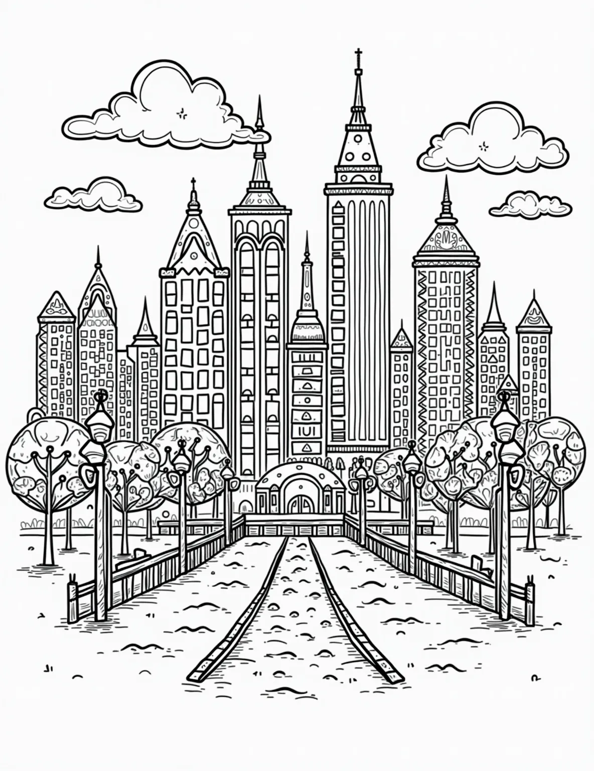 Miniature Gingerbread City -- prompt: "black lines only Coloring page featuring a whimsical gingerbread metropolis. Bold outlines depict gumdrop-dotted rooftops, licorice lampposts, and candy cane bridges. Smiling cookie citizens stroll along peppermint-swirled streets. Marshmallow clouds float above, inviting creative coloring adventures in this sweet cityscape. flat black lines, premium coloring page, coloring sheet, line drawing, Coloring Book, NO COLOR, NO SHADING, WHITE BACKGROUND. NO GRAY, BLACK AND WHITE, NO COLOR" -- Experience the hustle and bustle of city life in sweet form with this miniature gingerbread city coloring page. Rows of townhouse cookies line candy cane streets, while skyscrapers made of stacked wafers tower above. Look for the gingerbread commuters in their cookie cars and the candy billboard advertisements!