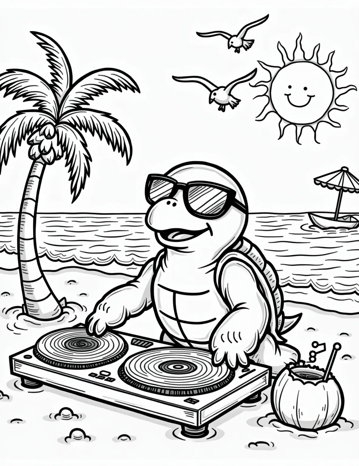 A turtle DJing at a beach party