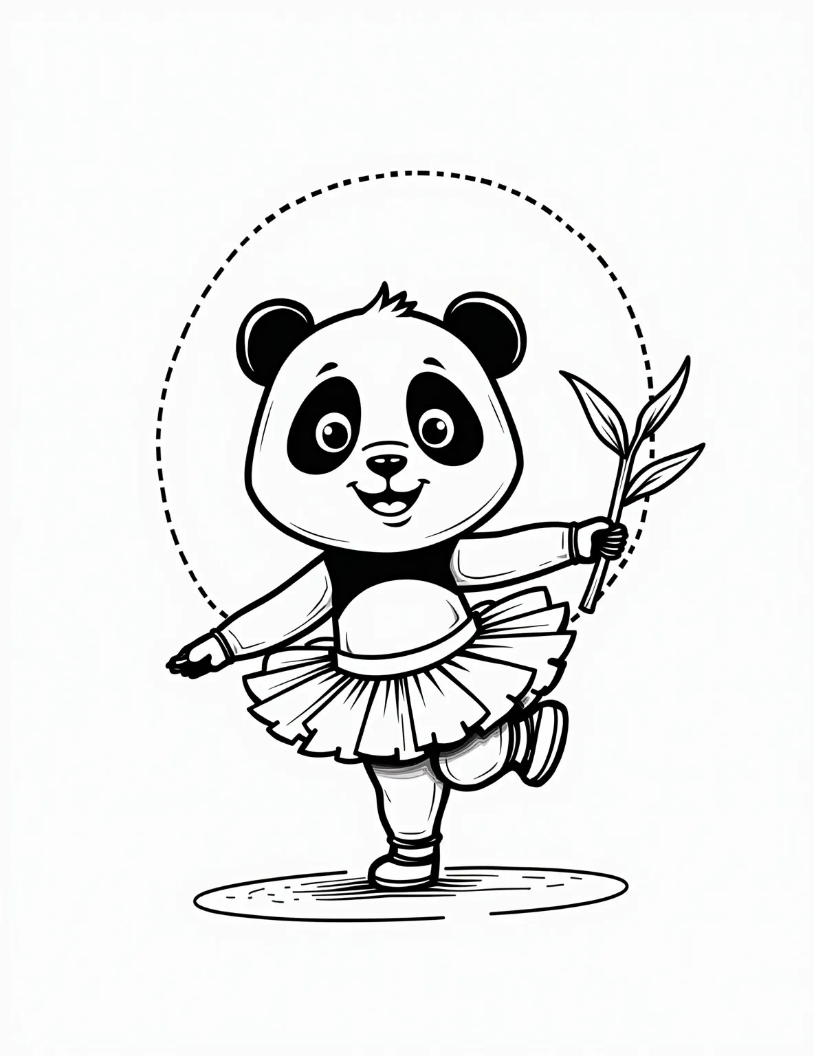 Panda Bear Ballet Coloring Page -- prompt: "black lines only Adorable cartoon panda bear, round body outlined in bold black, wearing pink tutu and ballet slippers. Attempting graceful arabesque pose, one leg extended. Simple background with dashed lines for coloring. Large, expressive eyes and bamboo prop. Cheerful, playful atmosphere in fun coloring book style. flat black lines, premium coloring page, coloring sheet, line drawing, Coloring Book, NO COLOR, NO SHADING, WHITE BACKGROUND. NO GRAY, BLACK AND WHITE, NO COLOR" -- Who says pandas can't dance? This whimsical coloring page features a panda bear attempting a graceful ballet pose. Dressed in a tutu and ballet slippers, this charming panda is sure to bring a smile to any colorist's face. It's a perfect blend of fantasy and fun, allowing for creative color choices in the panda's outfit.