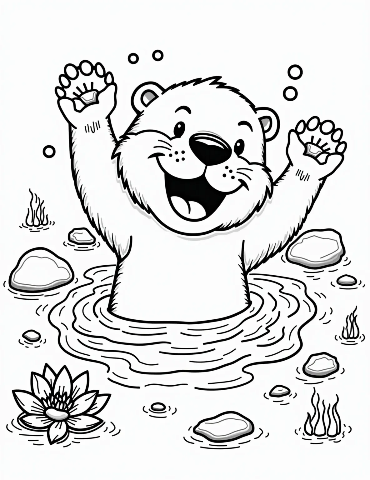 Playful Otter's River Frolic -- prompt: "black lines only Cheerful cartoon otter splashing in rippling river, outlined in bold black strokes. Rounded rocks, playful fish, and water lilies frame the scene. Simple, clean shapes perfect for coloring. Bubbles and water droplets add dynamic elements. Smiling otter's fur texture suggested by wavy lines. flat black lines, premium coloring page, coloring sheet, line drawing, Coloring Book, NO COLOR, NO SHADING, WHITE BACKGROUND. NO GRAY, BLACK AND WHITE, NO COLOR" -- This charming coloring page captures the joy of a playful otter splashing in a river. The otter's sleek body and mischievous expression convey its fun-loving nature. Surrounded by river rocks and water ripples, this scene offers a great opportunity to practice various textures and shading techniques.