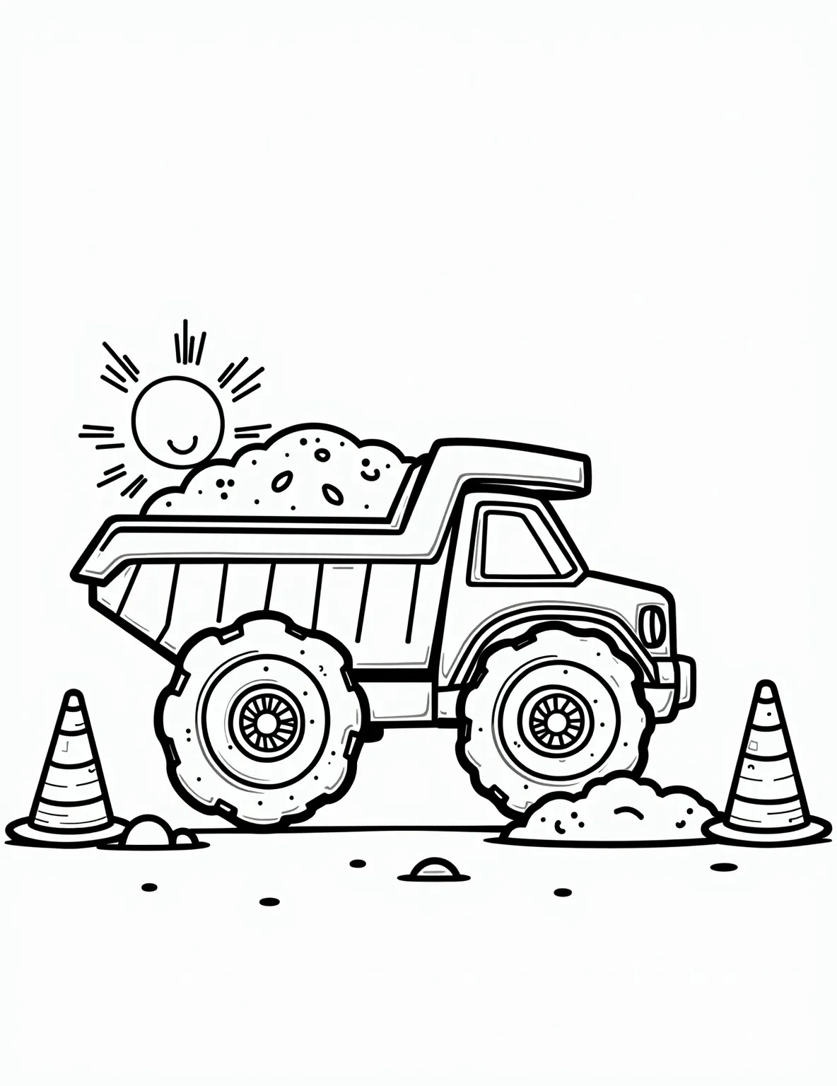 Dump Truck at Work -- prompt: "black lines only Chunky outline of a cartoon dump truck, its bed tilted high, spilling playful squiggles representing dirt. Construction site elements like cones and barriers sketched with bold lines. Cheerful sun peeking from corner, smiling. Empty spaces await vibrant colors. Fun, simple shapes perfect for coloring. flat black lines, premium coloring page, coloring sheet, line drawing, Coloring Book, NO COLOR, NO SHADING, WHITE BACKGROUND. NO GRAY, BLACK AND WHITE, NO COLOR" -- Get down and dirty with this Dump Truck at Work coloring page! This hardworking vehicle is shown tipping its bed to unload materials at a construction site. It's a great choice for kids who love to watch real dump trucks in action and dream of operating one themselves.