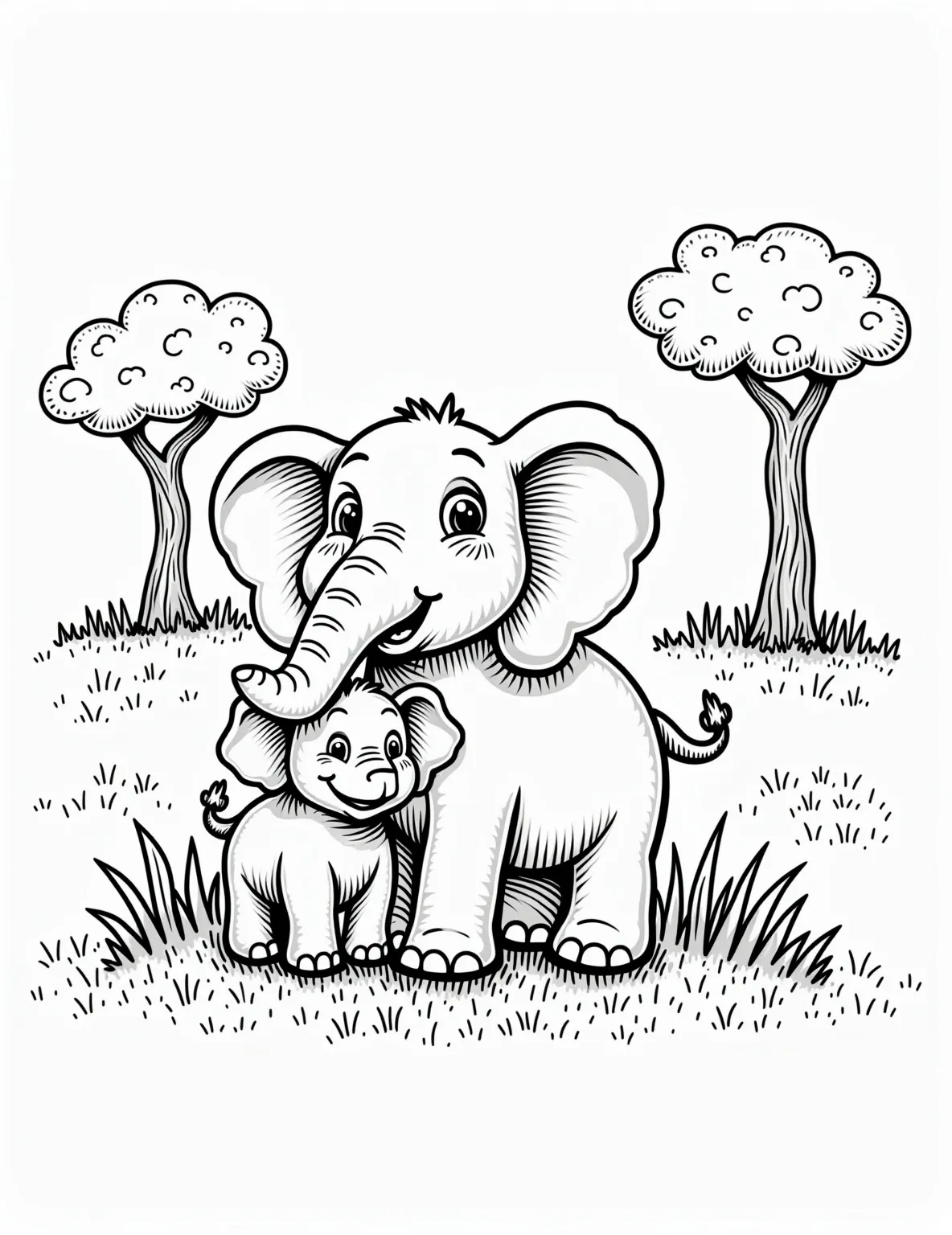 Gentle Giant Elephant Family Coloring Page -- prompt: "black lines only African savanna coloring page: Majestic mother elephant, wrinkled skin textured, stands guard beside adorable baby calf. Tall acacia trees with umbrella-shaped canopies dot background. Swaying grass, simple outlines perfect for coloring. Nurturing scene captures tender family moment in wild. Child-friendly design with flat black lines, premium coloring page, coloring sheet, line drawing, Coloring Book, NO COLOR, NO SHADING, WHITE BACKGROUND. NO GRAY, BLACK AND WHITE, NO COLOR" -- Experience the beauty of elephant family bonds with this heartwarming coloring page. The tender scene of a mother elephant with her calf showcases the gentle nature of these magnificent creatures. Perfect for those who appreciate family-themed coloring pages.