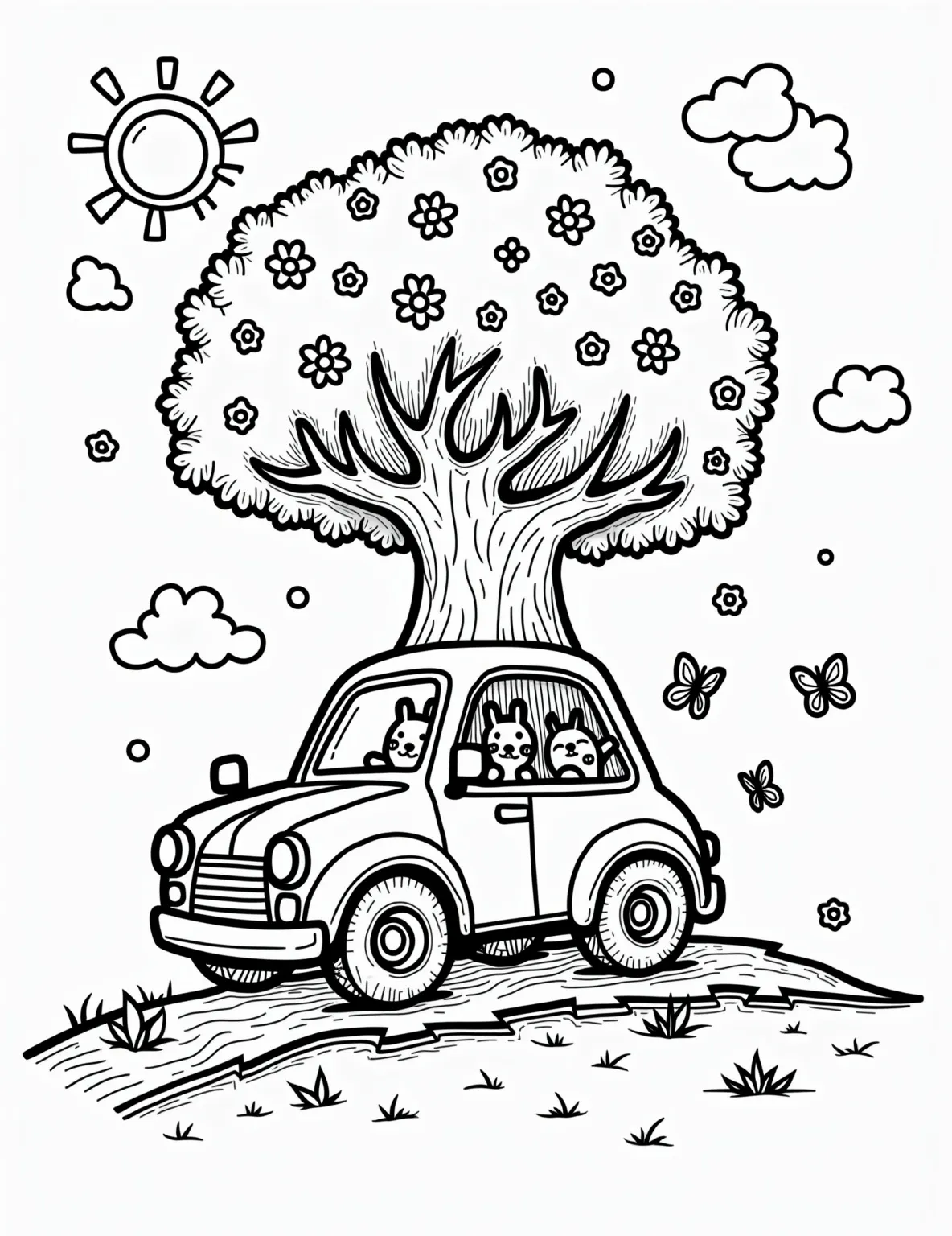 Eco-Friendly Tree Car -- prompt: "black lines only Enchanting coloring page: eco-car sprouting from magical tree. Chunky outlines, bold patterns. Leafy roof, swirly branch wheels, flower headlights. Smiling sun, fluffy clouds. Butterflies flutter nearby. Tree trunk forms car body. Roots become exhaust pipes releasing heart-shaped bubbles. Playful squirrels peek from windows. flat black lines, premium coloring page, coloring sheet, line drawing, Coloring Book, NO COLOR, NO SHADING, WHITE BACKGROUND. NO GRAY, BLACK AND WHITE, NO COLOR" -- Celebrate nature and sustainable living with this unique tree car concept. This coloring page showcases a car literally growing from a tree, with leaves for a roof and branches for wheels. It's a thought-provoking design that will appeal to environmentally conscious colorists and nature lovers.