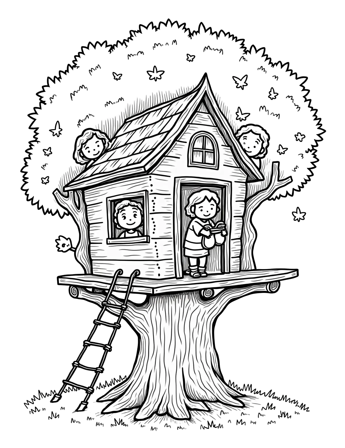 A group of children playing in a treehouse