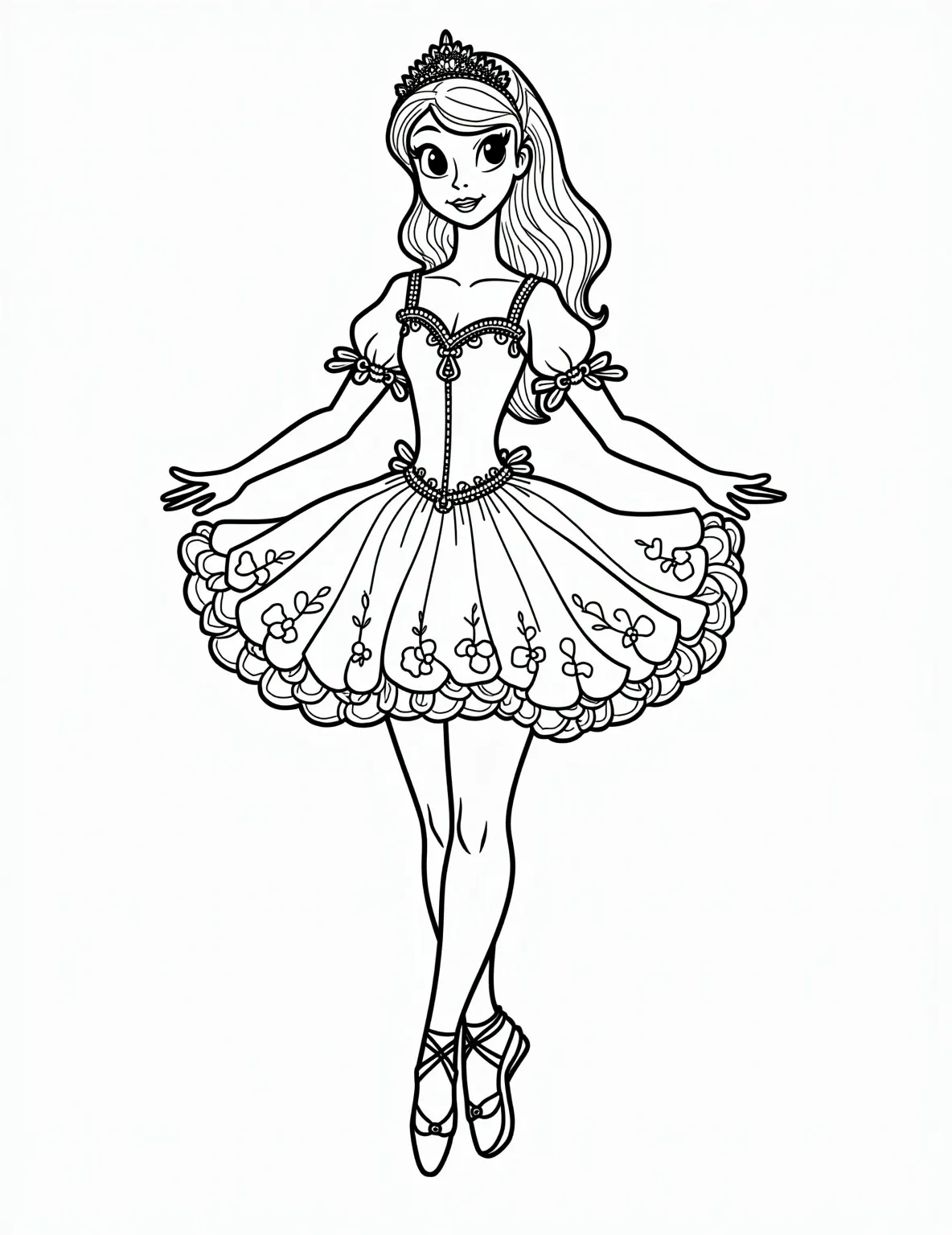 Sleeping Beauty's Aurora Coloring Page -- prompt: "black lines only Princess Aurora in Rose Adagio pose, tiara atop flowing hair. Ornate ballet costume with tutu and pointe shoes. Bold outlines, simplified shapes. Large flower motifs frame her figure. Empty spaces await vibrant colors. Charming storybook scene for creative coloring enthusiasts. flat black lines, premium coloring page, coloring sheet, line drawing, Coloring Book, NO COLOR, NO SHADING, WHITE BACKGROUND. NO GRAY, BLACK AND WHITE, NO COLOR" -- Inspired by the ballet 'Sleeping Beauty', this coloring page features Princess Aurora in her famous Rose Adagio pose. Her costume is elaborate, with a full tutu and tiara. The background hints at the royal castle, adding a fairytale element to the scene.