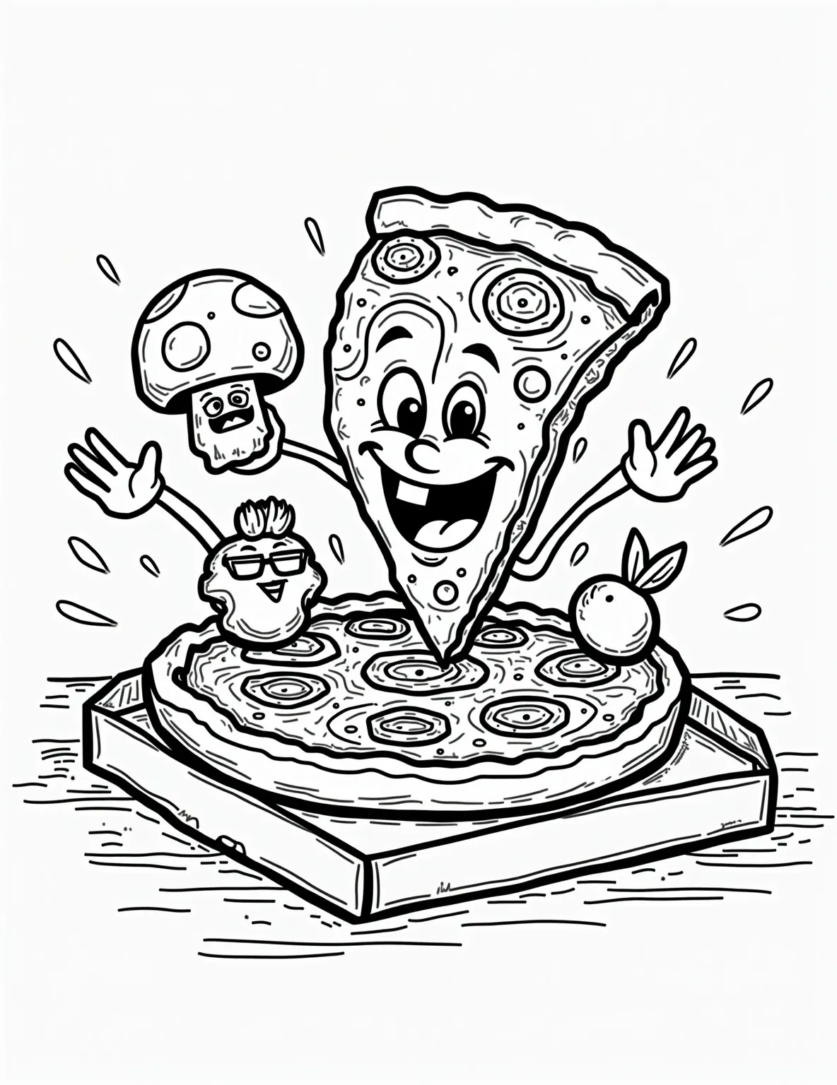 Smiley Face Pizza Party Coloring Page -- prompt: "black lines only Joyful pizza party coloring page: Giant central pizza with beaming smile, surrounded by diverse slice characters. Each slice boasts unique toppings and expressions—giggling pepperoni, shy mushroom, cool olive shades. Bold, clean outlines perfect for coloring fun. Playful pizza box background adds depth. flat black lines, premium coloring page, coloring sheet, line drawing, Coloring Book, NO COLOR, NO SHADING, WHITE BACKGROUND. NO GRAY, BLACK AND WHITE, NO COLOR" -- Get ready for a slice of fun with this adorable Smiley Face Pizza Party coloring page! The main star is a large, round pizza with a cheerful face made of toppings. Surrounding the pizza are smaller slices with various expressions, creating a lively and whimsical scene that's sure to make anyone smile.