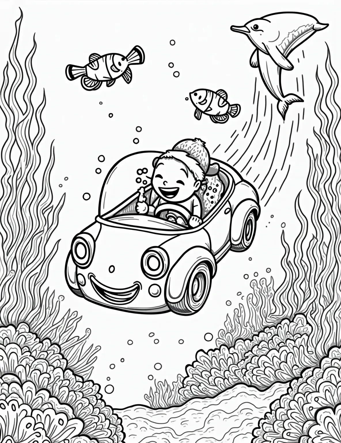 Underwater Bubble Car Expedition -- prompt: "black lines only Coloring page: Bubble car with bold outlines glides through underwater wonderland. Smiling fish, swaying seaweed, and cheerful coral frame the scene. Playful octopus waves tentacle, starfish cling to rocks. Bubbles float upward, creating fun patterns to color. Diver gives thumbs-up nearby. Style: fun coloring book page. flat black lines, premium coloring page, coloring sheet, line drawing, Coloring Book, NO COLOR, NO SHADING, WHITE BACKGROUND. NO GRAY, BLACK AND WHITE, NO COLOR" -- Dive into an aquatic adventure with this whimsical underwater car design. This coloring page showcases a transparent bubble car navigating through a vibrant coral reef, surrounded by colorful fish and sea creatures. Children will love adding their own creative flair to this imaginative underwater world.