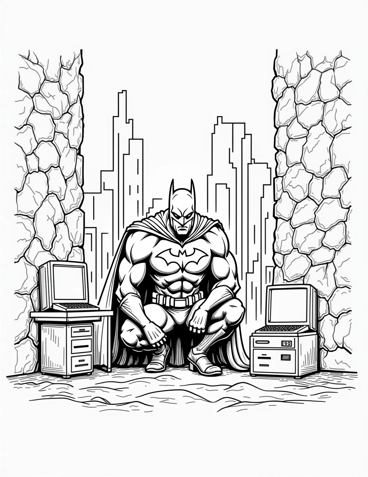 Batman in the Batcave Coloring Page -- prompt: "black lines only Batman hunches over glowing monitors in his cavernous lair. Bat-shaped outlines frame computers, gadgets, and inventions. Bold lines define cape folds and muscular silhouette. Empty speech bubbles await dialogue. Playful bat symbols scatter throughout. Gotham's skyline peeks through rocky walls. flat black lines, premium coloring page, coloring sheet, line drawing, Coloring Book, NO COLOR, NO SHADING, WHITE BACKGROUND. NO GRAY, BLACK AND WHITE, NO COLOR" -- Explore the secretive world of Batman with this detailed Batcave coloring page. The high-tech lair is filled with gadgets, computers, and of course, the Caped Crusader himself. This intricate page is perfect for those who love adding tiny details to their coloring projects.