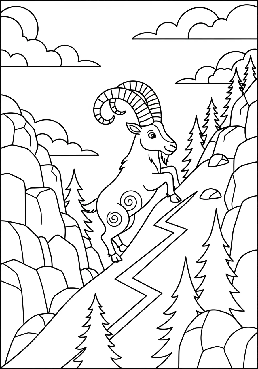 Silly Goat Mountain Climbing Adventure Coloring Page -- prompt: "black lines only Cheerful mountain goat with curly beard and curved horns navigating zigzag trail up rocky cliff face, surrounded by large rounded boulders, pine trees, and puffy clouds, black outlines on white background, simple shapes perfect for children's coloring book page flat black lines, premium coloring page, coloring sheet, line drawing, Coloring Book, NO COLOR, NO SHADING, WHITE BACKGROUND. NO GRAY, BLACK AND WHITE, NO COLOR" -- This entertaining coloring page shows a mischievous goat attempting to climb a steep rocky mountain with a determined expression. The goat's beard and horns are prominently featured as it navigates the challenging terrain with typical goat confidence. Kids will enjoy the humor in this scene while learning about these sure-footed climbers.