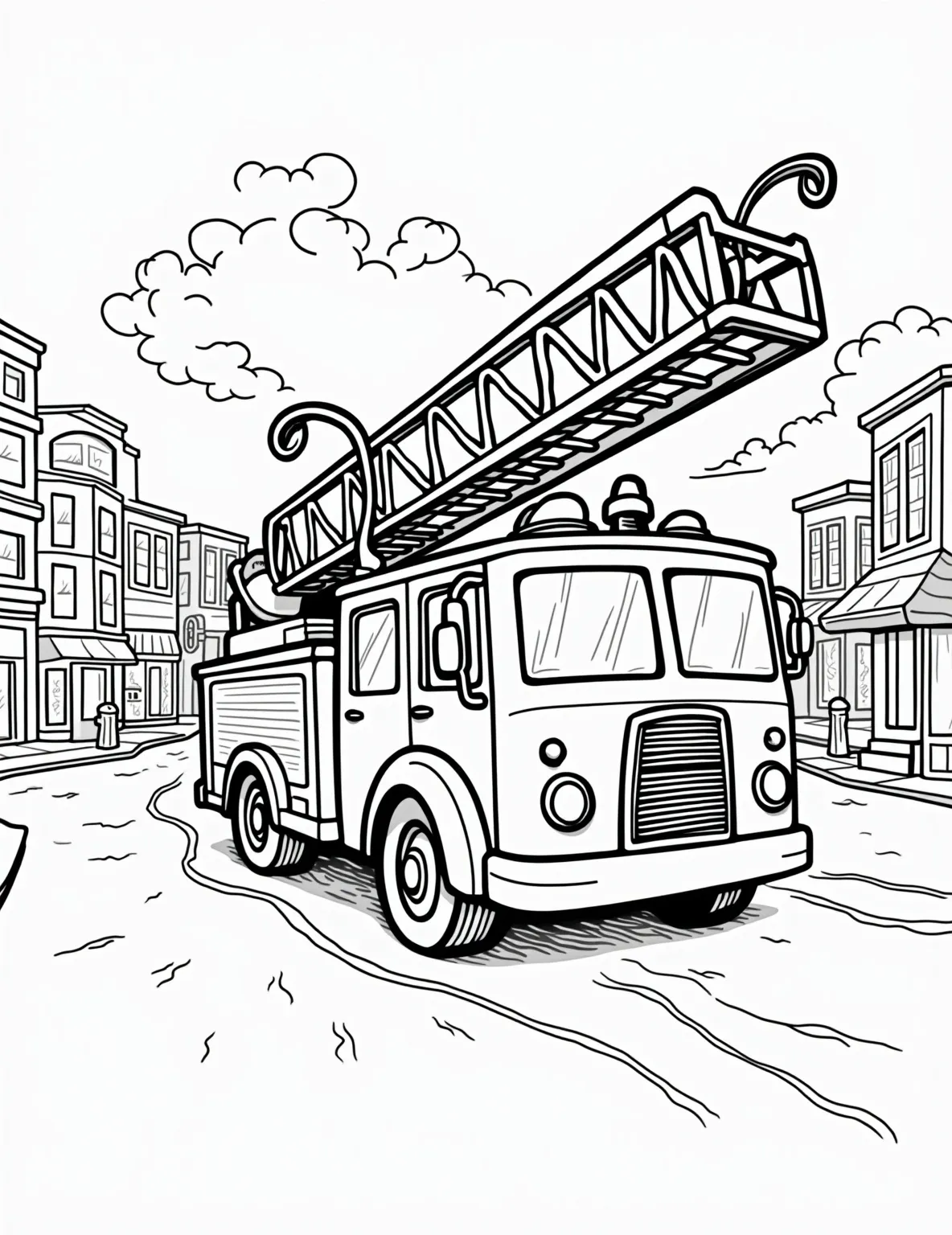 Vintage Fire Truck to the Rescue -- prompt: "black lines only Retro fire engine with extendable ladder and coiled hoses, zooming through bustling city streets. Bold outlines, simple shapes, and empty spaces for coloring. Implied sirens with wavy lines. Nearby buildings, hydrants, and cheering crowd in playful, cartoon-style linework. flat black lines, premium coloring page, coloring sheet, line drawing, Coloring Book, NO COLOR, NO SHADING, WHITE BACKGROUND. NO GRAY, BLACK AND WHITE, NO COLOR" -- Honor our brave firefighters with this classic fire truck coloring page. Complete with ladders, hoses, and bold design, this vintage vehicle represents courage and community service. It's a great choice for aspiring young heroes and those who admire emergency vehicles.