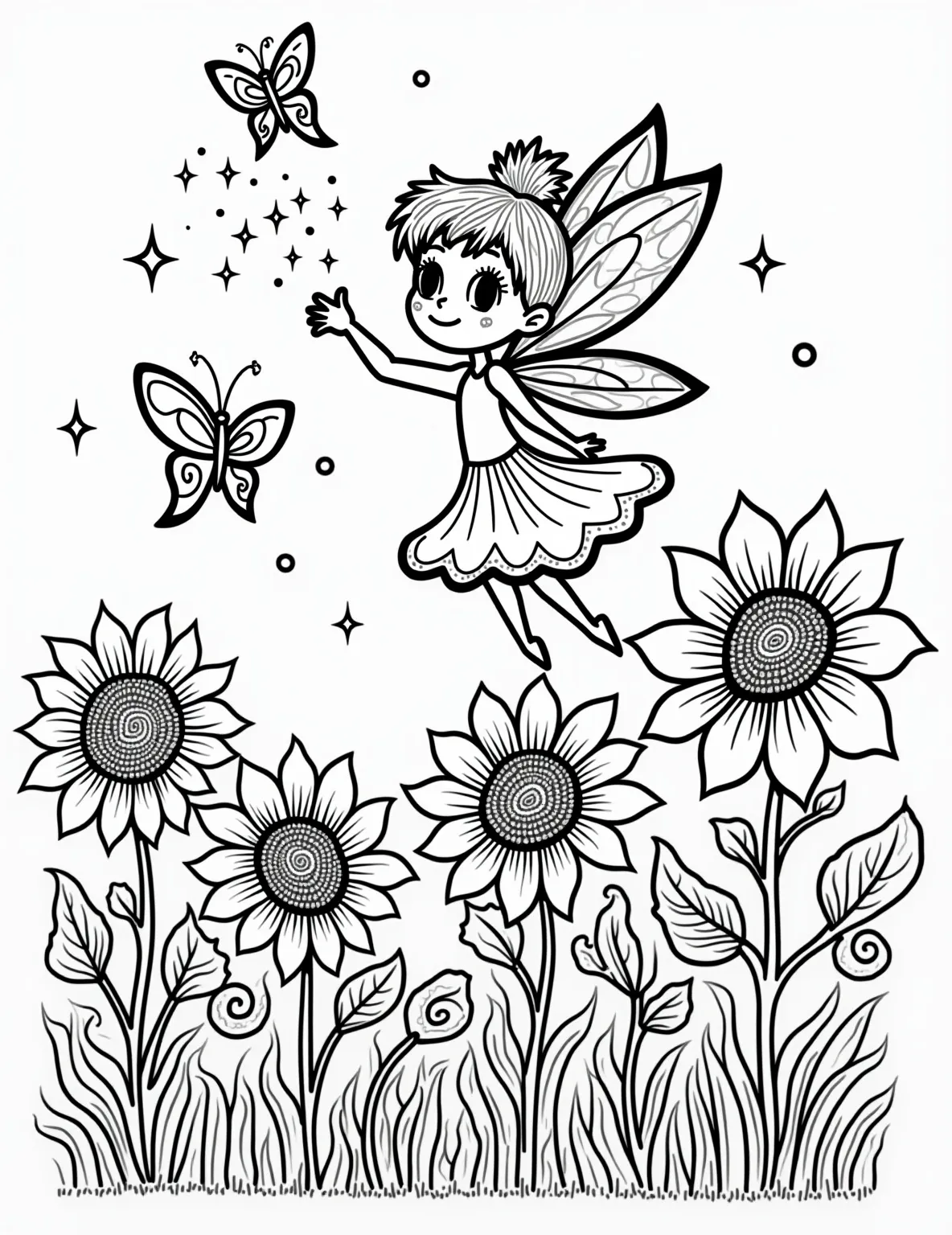 Rainbow Fairy Magic Coloring Page -- prompt: "black lines only Enchanting fairy with translucent rainbow wings, outlined in bold black strokes. Sprinkles star-shaped magic dust over a garden bursting with oversized daisies, sunflowers, and tulips. Cartoonish butterflies with swirly patterns flutter nearby. Simple shapes and clean lines perfect for coloring. flat black lines, premium coloring page, coloring sheet, line drawing, Coloring Book, NO COLOR, NO SHADING, WHITE BACKGROUND. NO GRAY, BLACK AND WHITE, NO COLOR" -- This enchanting page features a delicate fairy with rainbow wings sprinkling magical rainbow dust. Flowers and butterflies surround her, creating a whimsical garden scene. It's perfect for those who believe in the magic of rainbows and fairies.