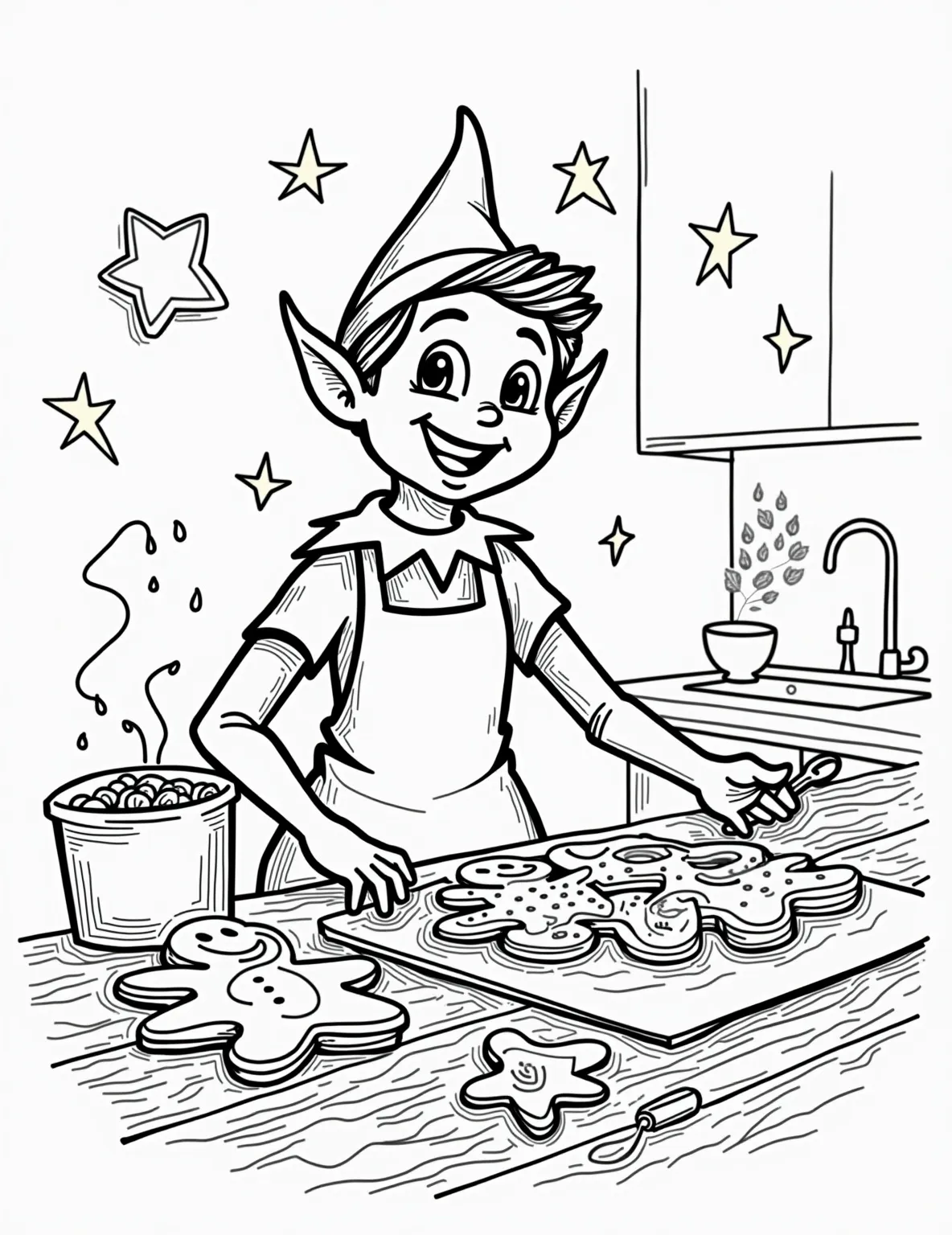 Elf's Cookie Baking Bonanza -- prompt: "black lines only Jolly Elf on Shelf character in kitchen, flour-dusted apron, mixing bowl in hand. Playful outlines of cookie cutters, rolling pin, and spatula scattered around. Smiling gingerbread men and star-shaped cookies on counter. Simple, bold lines perfect for coloring. flat black lines, premium coloring page, coloring sheet, line drawing, Coloring Book, NO COLOR, NO SHADING, WHITE BACKGROUND. NO GRAY, BLACK AND WHITE, NO COLOR" -- Get ready for some sweet fun in this delicious coloring page. Our Elf on the Shelf is shown in a kitchen, enthusiastically baking Christmas cookies. The elf is covered in flour, surrounded by mixing bowls, cookie cutters, and trays of freshly baked treats. The scene captures the joy of holiday baking.