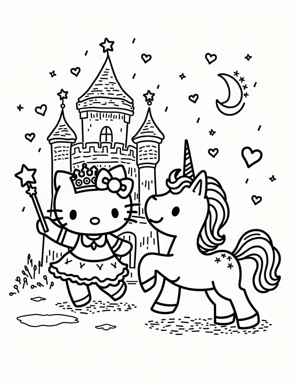 Hello Kitty's Fairy Tale Dream -- prompt: "black lines only Hello Kitty princess, adorned with tiara and star-tipped wand, stands before fairytale castle. Unicorn companion nearby, surrounded by floating hearts, sparkles, and crescent moons. Thick, bold outlines define each element, perfect for coloring. Castle turrets reach skyward, inviting imagination. flat black lines, premium coloring page, coloring sheet, line drawing, Coloring Book, NO COLOR, NO SHADING, WHITE BACKGROUND. NO GRAY, BLACK AND WHITE, NO COLOR" -- Step into a fairy tale world with Hello Kitty! This enchanting coloring page shows her dressed as a princess, complete with a tiara and magic wand. She's standing in front of a castle with a unicorn nearby. The scene is filled with magical elements like toadstools, butterflies, and twinkling stars.