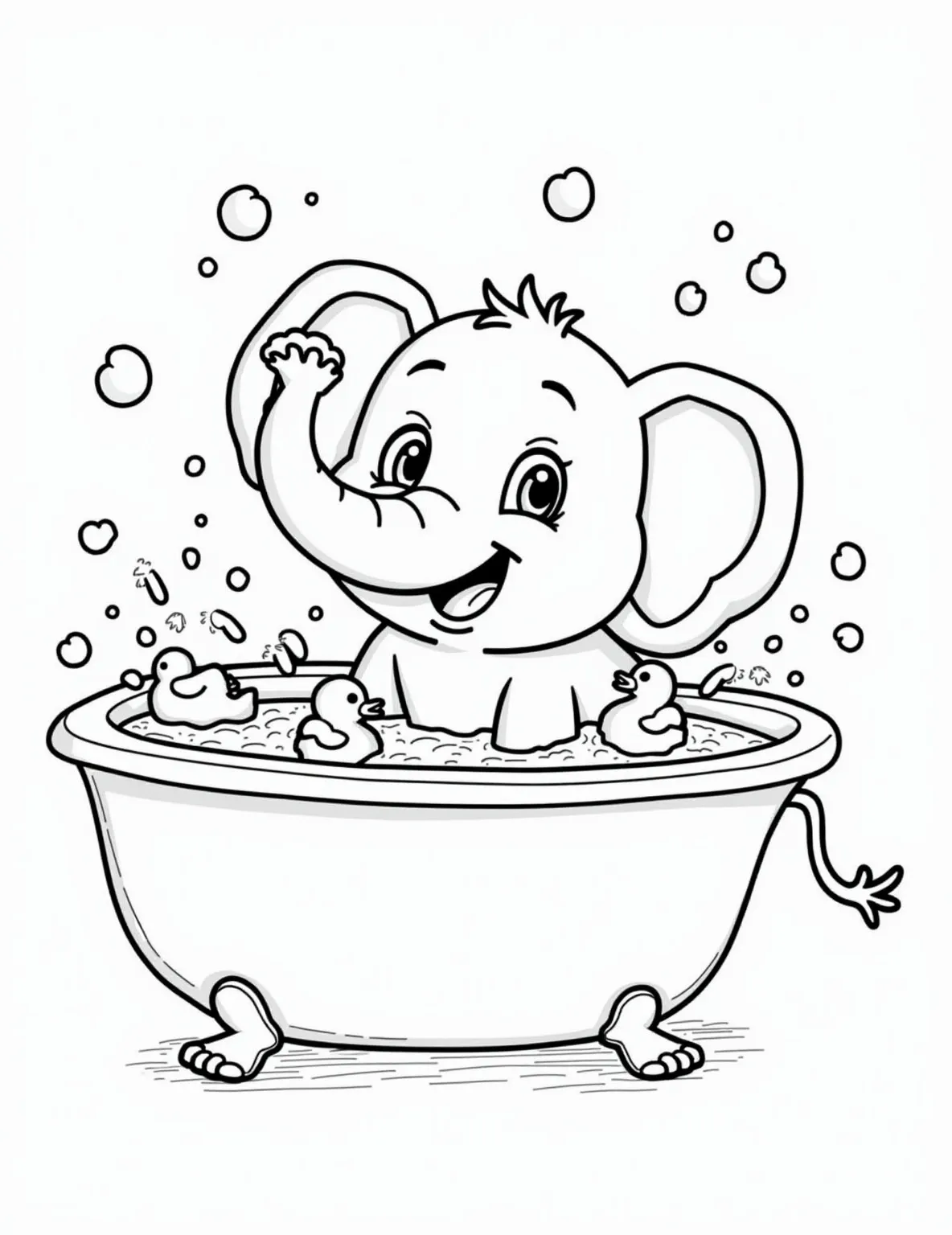 Elephant's Bath Time Coloring Page -- prompt: "black lines only Playful elephant in a bubble-filled bathtub, trunk arched, spraying water. Rubber ducks float nearby. Bold outlines define shapes. Large, simple forms ideal for coloring. Cheerful scene with minimal background details. Thick lines separate elements for easy coloring. Joyful flat black lines, premium coloring page, coloring sheet, line drawing, Coloring Book, NO COLOR, NO SHADING, WHITE BACKGROUND. NO GRAY, BLACK AND WHITE, NO COLOR" -- Dive into the fun with this elephant's bath time scene! The page shows a happy elephant spraying water from its trunk, surrounded by bubbles and bath toys. It's a delightful page that captures the joy of bath time for kids and elephants alike.