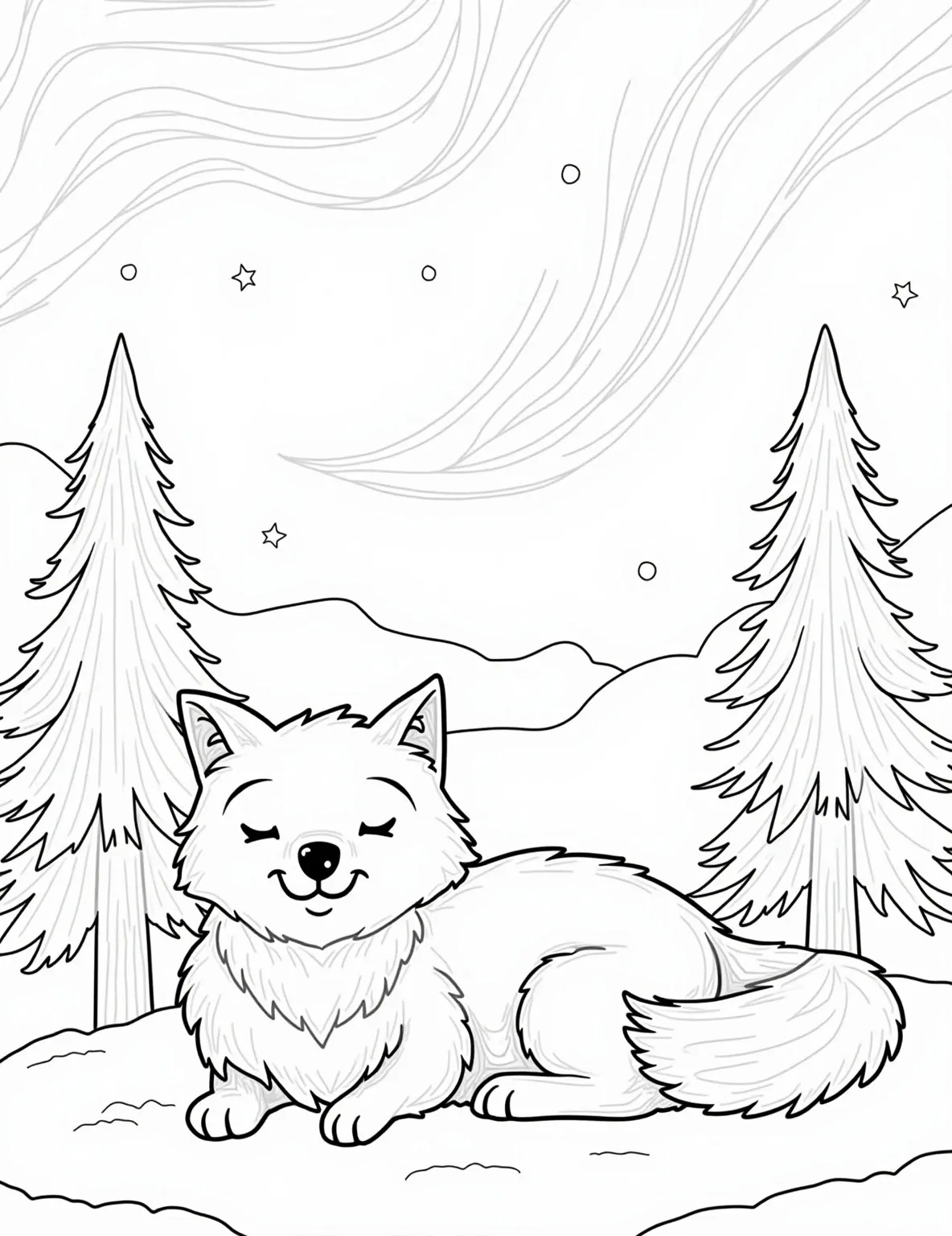 Sleepy Fox Under the Northern Lights -- prompt: "black lines only Playful fox curled up, snoozing beneath swirling Northern Lights. Chunky outlines perfect for coloring. Starry sky with constellations to fill in. Tree silhouettes frame the scene. Cute details like fluffy tail, pointy ears, and soft paws. Enchanting Arctic wonderland awaits creative crayons. flat black lines, premium coloring page, coloring sheet, line drawing, Coloring Book, NO COLOR, NO SHADING, WHITE BACKGROUND. NO GRAY, BLACK AND WHITE, NO COLOR" -- This enchanting coloring page depicts a fox curled up asleep under a spectacular display of the Northern Lights. The starry sky and shimmering aurora create a magical backdrop for the peaceful fox. It's a beautiful blend of nature and wonder.