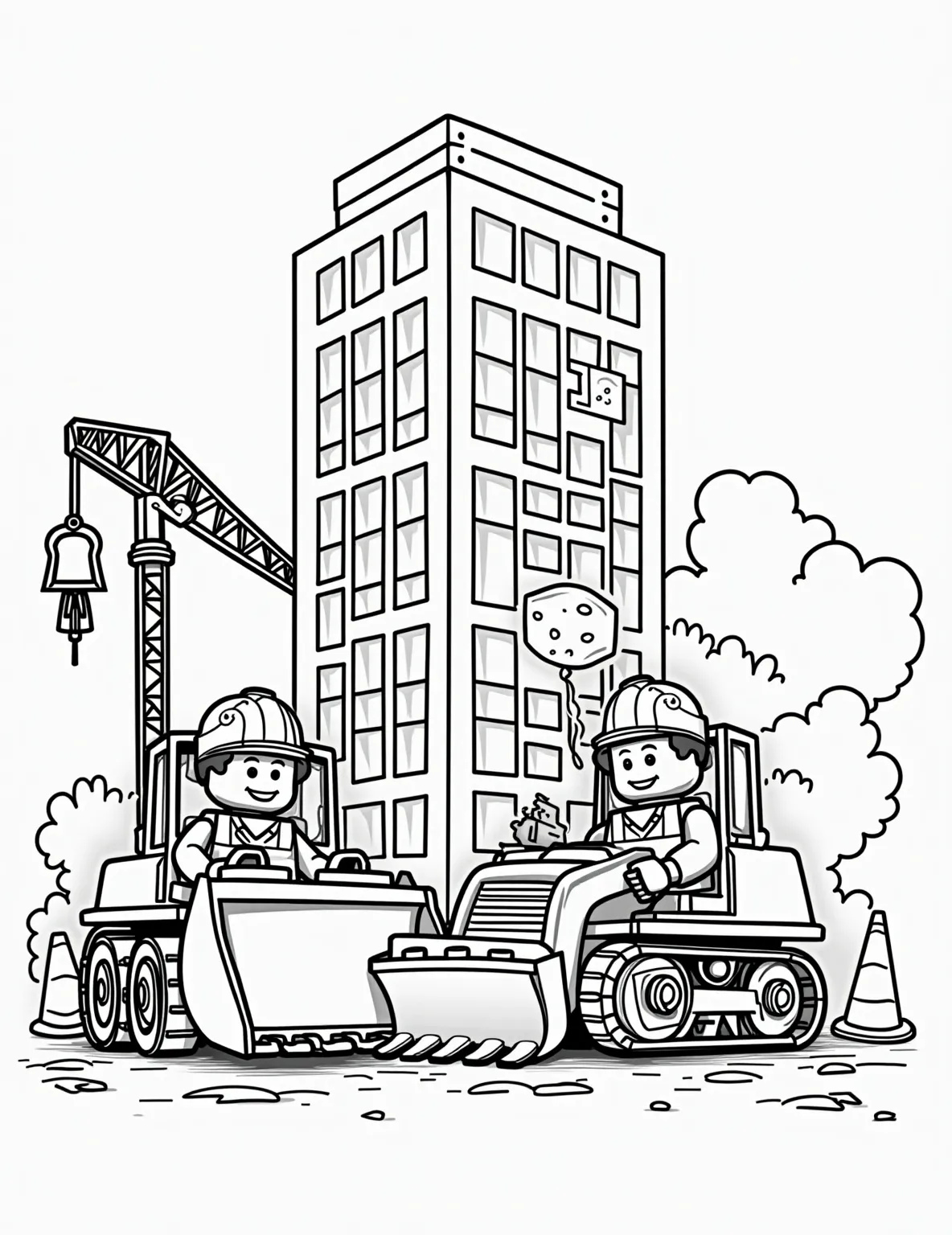 Lego Construction Site Coloring Page -- prompt: "black lines only Playful Lego construction site coloring page. Bold outlines showcase cheerful worker minifigures, smiling bulldozers, and a half-built skyscraper. Simplified shapes of cranes, tool boxes, and safety cones dot the scene. Thick lines perfect for coloring fun. flat black lines, premium coloring page, coloring sheet, line drawing, Coloring Book, NO COLOR, NO SHADING, WHITE BACKGROUND. NO GRAY, BLACK AND WHITE, NO COLOR" -- Get ready to build with this busy Lego construction site coloring page. The scene is filled with Lego construction vehicles, workers, and a building in progress. It's a great page for kids who love trucks and building, offering plenty of details to color and explore.