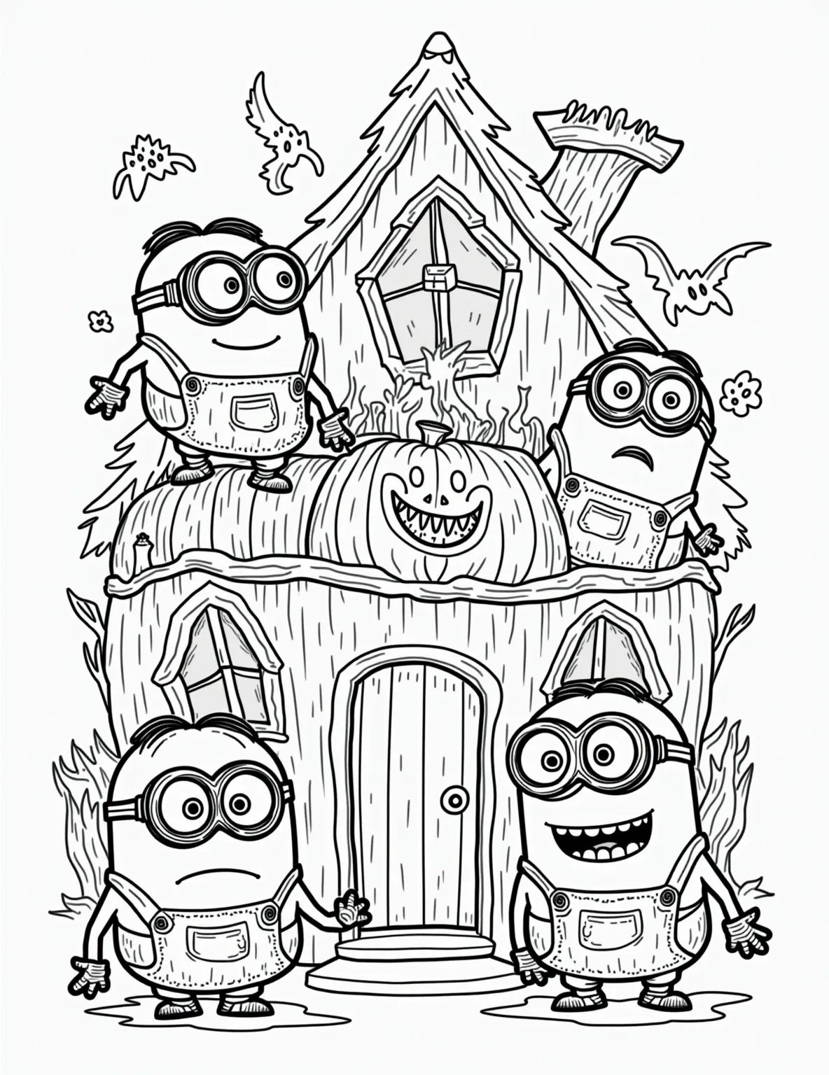 Minions' Haunted House Adventure -- prompt: "black lines only Minions navigate bold, black-outlined maze of a cartoonish haunted house. Silly ghosts, banana-shaped pumpkins, and comical spooky elements fill empty spaces. Large, simple shapes perfect for coloring. Goofy expressions and playful scenes encourage creative coloring fun. Thick lines separate flat black lines, premium coloring page, coloring sheet, line drawing, Coloring Book, NO COLOR, NO SHADING, WHITE BACKGROUND. NO GRAY, BLACK AND WHITE, NO COLOR" -- Prepare for some not-so-scary fun with this Halloween-themed Minion coloring page! Our yellow friends are exploring a comically spooky haunted house, filled with quirky ghosts, banana-shaped pumpkins, and other silly frights. This page is perfect for kids who enjoy a good laugh with their Halloween fun.