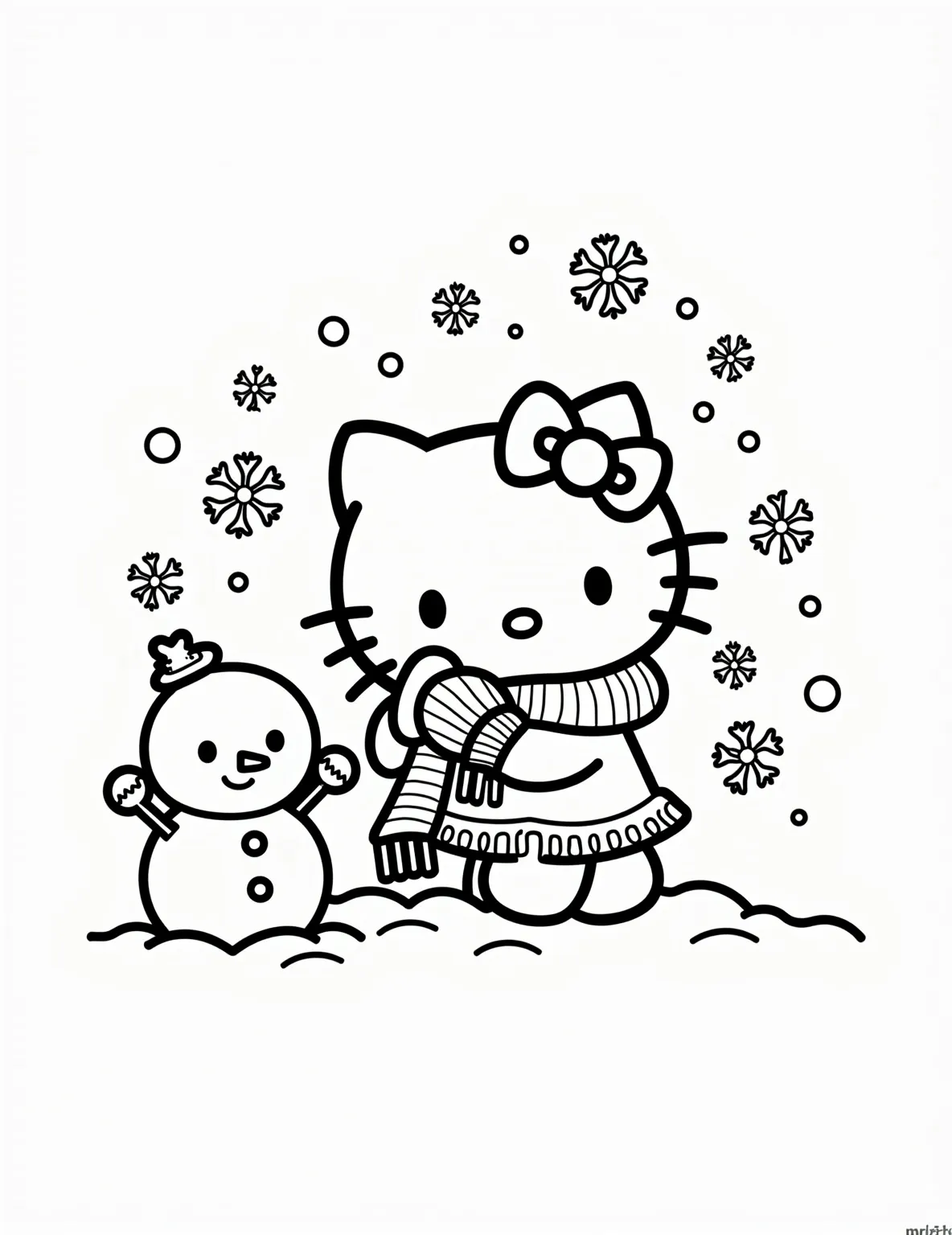 Hello Kitty's Snowy Adventure -- prompt: "black lines only Hello Kitty's bold outline pops against a snowy backdrop in a charming coloring page. She's crafting a snowman, her scarf and mittens awaiting color. Thick, stylized snowflakes dance around her, creating playful patterns. Simple yet expressive, this scene invites creative coloring fun. flat black lines, premium coloring page, coloring sheet, line drawing, Coloring Book, NO COLOR, NO SHADING, WHITE BACKGROUND. NO GRAY, BLACK AND WHITE, NO COLOR" -- Join Hello Kitty on a winter wonderland adventure! This coloring page shows her building a snowman, complete with a carrot nose and button eyes. She's bundled up in a scarf and mittens, with snowflakes falling gently around her. It's a perfect page for the winter season.