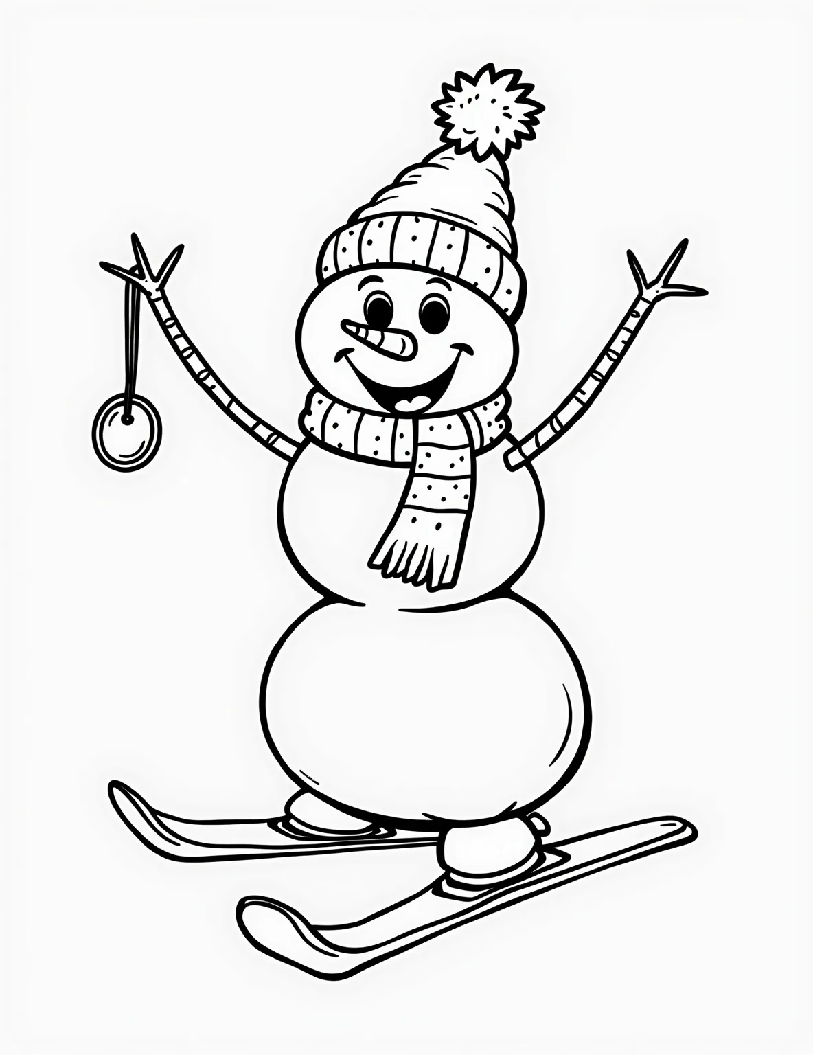 Snowman Olympic Athlete Coloring Page -- prompt: "black lines only Jolly snowman athlete conquers Winter Olympics in coloring book style. Thick outlines define skiing, skating, curling scenes. Carrot nose, coal eyes, stick arms express joy. Medal dangles from twig neck. Snowy background with simple shapes for coloring fun. flat black lines, premium coloring page, coloring sheet, line drawing, Coloring Book, NO COLOR, NO SHADING, WHITE BACKGROUND. NO GRAY, BLACK AND WHITE, NO COLOR" -- Go for the gold with this sporty coloring page! It features a snowman Olympic athlete competing in various winter sports. From skiing to ice skating, this frosty competitor shows that snowmen can be champions too!