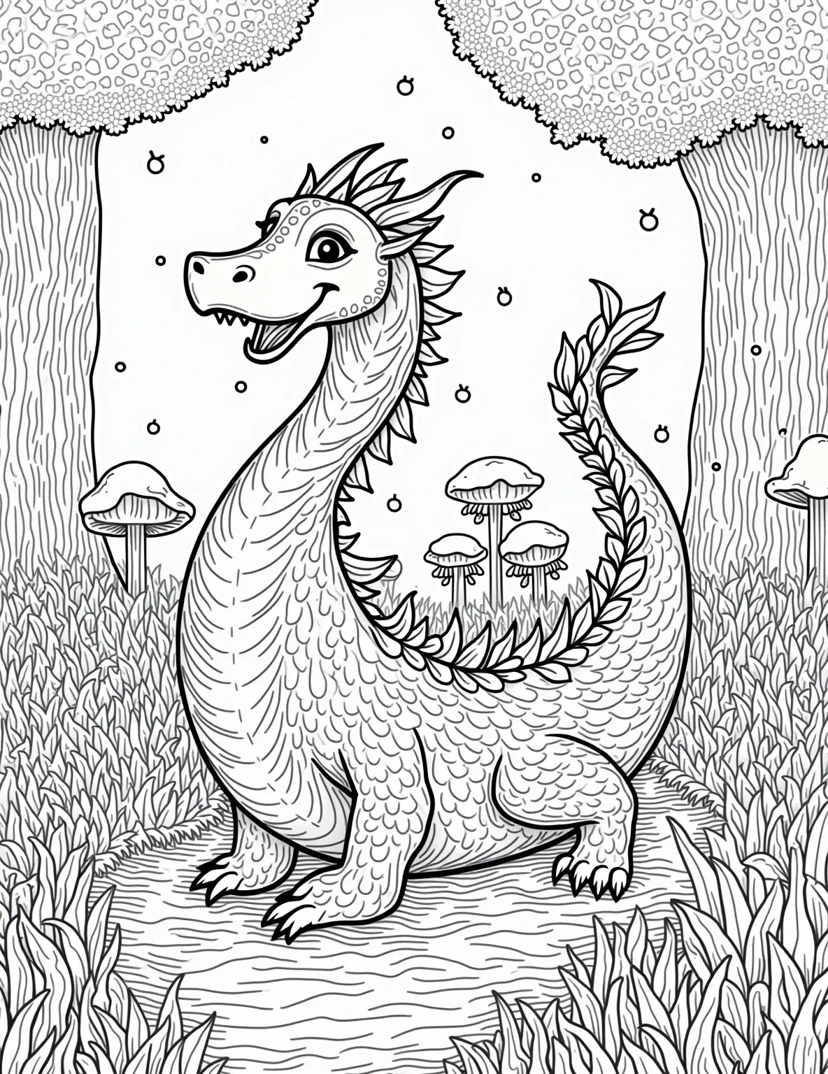 Dragon's Enchanted Forest Guardian Coloring Page -- prompt: "black lines only Leafy dragon with flower scales, outlined in bold black strokes. Enchanted forest backdrop with simplified magical creatures and stylized glowing plants. Large, empty spaces for coloring. Whimsical scene with hidden objects and maze-like paths. Perfect for creative coloring adventures. flat black lines, premium coloring page, coloring sheet, line drawing, Coloring Book, NO COLOR, NO SHADING, WHITE BACKGROUND. NO GRAY, BLACK AND WHITE, NO COLOR" -- Discover the magic of nature with this mystical coloring page featuring a dragon as the guardian of an enchanted forest. The dragon, adorned with leaves and flowers, stands protectively among ancient trees, magical creatures, and glowing plants. This page celebrates the connection between fantasy and nature, perfect for those who love both.