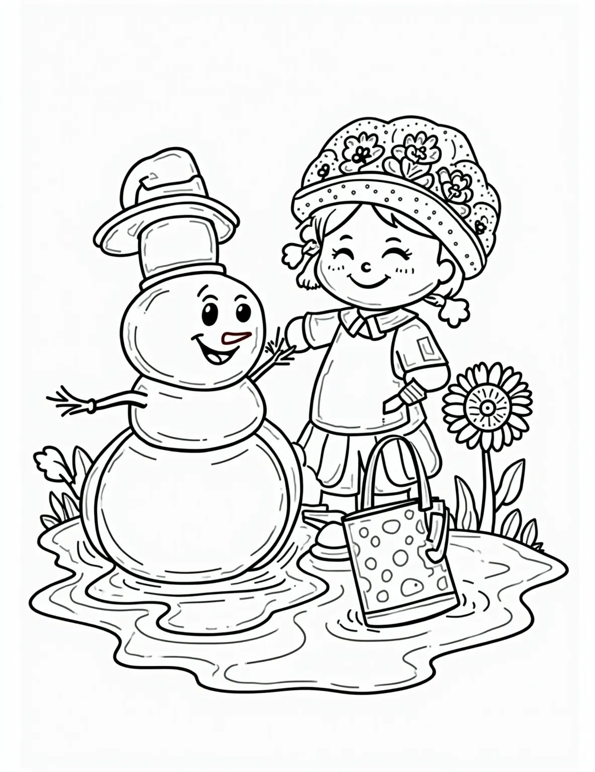 Snowman Gardener in Spring Coloring Page -- prompt: "black lines only Cheerful line art of a pudgy snowman melting into a puddle, wearing an oversized gardener's hat with flower patterns. He's happily watering vibrant daisies, tulips, and sunflowers with a polka-dot can. Bold outlines perfect for coloring, with simple background shapes. flat black lines, premium coloring page, coloring sheet, line drawing, Coloring Book, NO COLOR, NO SHADING, WHITE BACKGROUND. NO GRAY, BLACK AND WHITE, NO COLOR" -- Spring has sprung in this delightful coloring page! It showcases a snowman gardener tending to blooming flowers, symbolizing the changing of seasons. With a watering can and surrounded by tulips, it's a cheerful celebration of winter meeting spring.