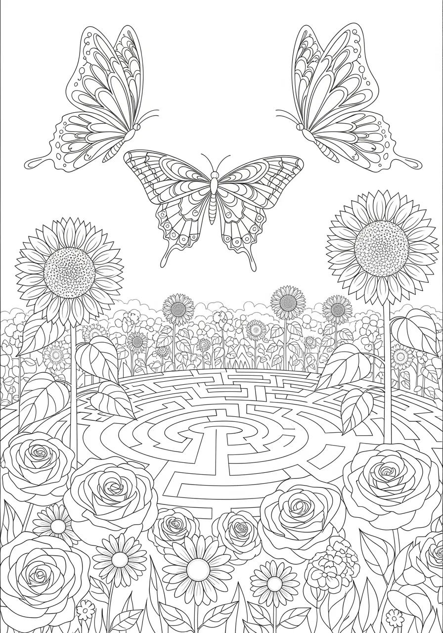 Complex Zentangle Butterfly Garden Coloring Page -- prompt: "black lines only Cheerful butterflies adorned with bold zentangle mandalas and geometric patterns soar above a blooming garden maze featuring sunflowers, roses, and daisies with thick black outlines perfect for creative coloring adventures flat black lines, premium coloring page, coloring sheet, line drawing, Coloring Book, NO COLOR, NO SHADING, WHITE BACKGROUND. NO GRAY, BLACK AND WHITE, NO COLOR" -- This sophisticated adult coloring page features butterflies with intricate zentangle patterns flying through a detailed garden scene. The combination of geometric designs within natural forms creates a unique meditative coloring experience. This page offers both artistic challenge and nature appreciation.