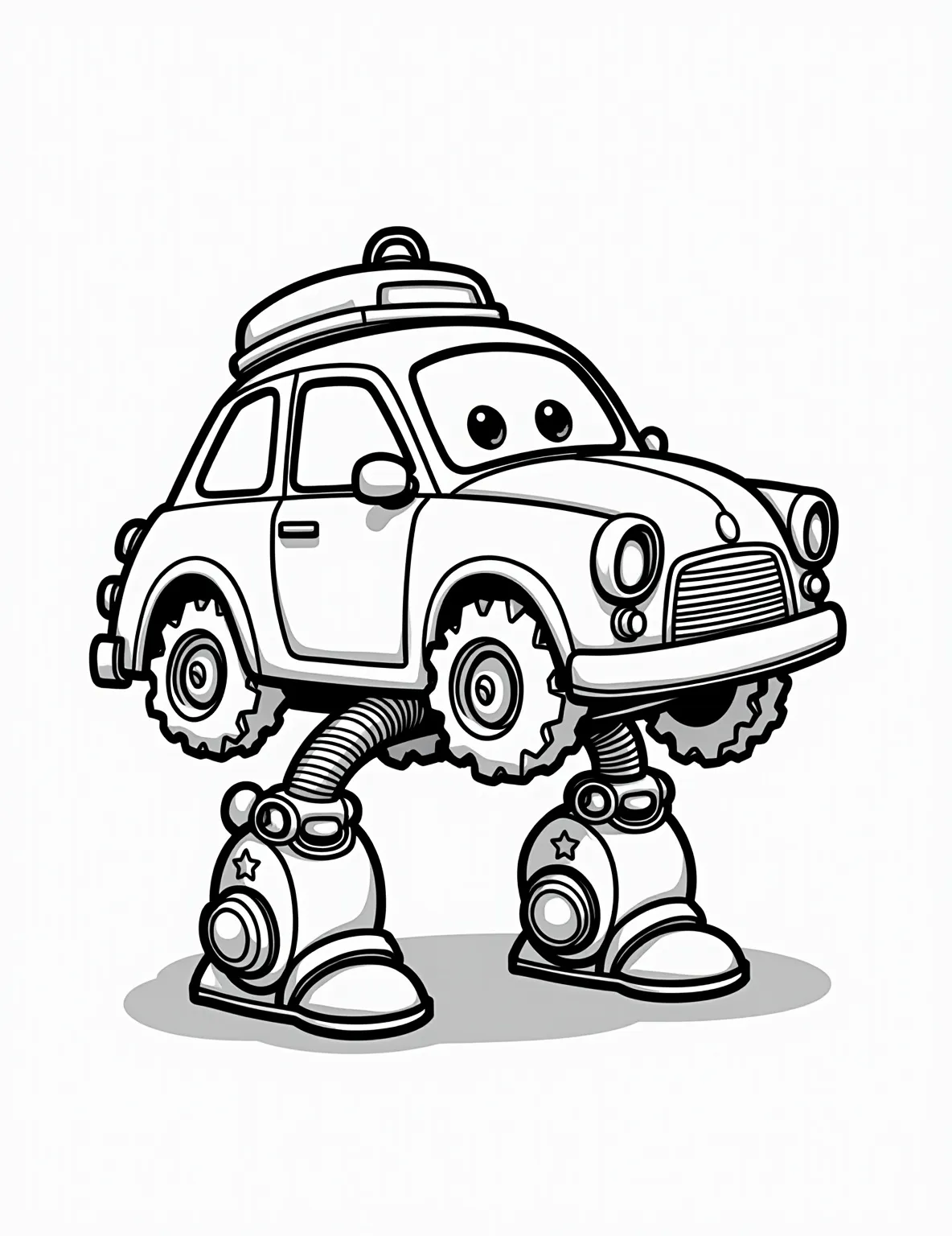 Transforming Robot Car -- prompt: "black lines only Chunky black outlines frame a dynamic car-to-robot transformation scene. Gears, pistons, and bolts pop out playfully. Tires become feet, headlights morph into eyes. Simplified shapes and bold lines invite coloring. A mix of automotive and robotic elements creates an engaging, kid-friendly design. flat black lines, premium coloring page, coloring sheet, line drawing, Coloring Book, NO COLOR, NO SHADING, WHITE BACKGROUND. NO GRAY, BLACK AND WHITE, NO COLOR" -- Unleash your imagination with this incredible transforming robot car. Caught mid-transformation, this vehicle showcases both its car form and robot mode. It's a thrilling coloring page for fans of action-packed cartoons and toys.