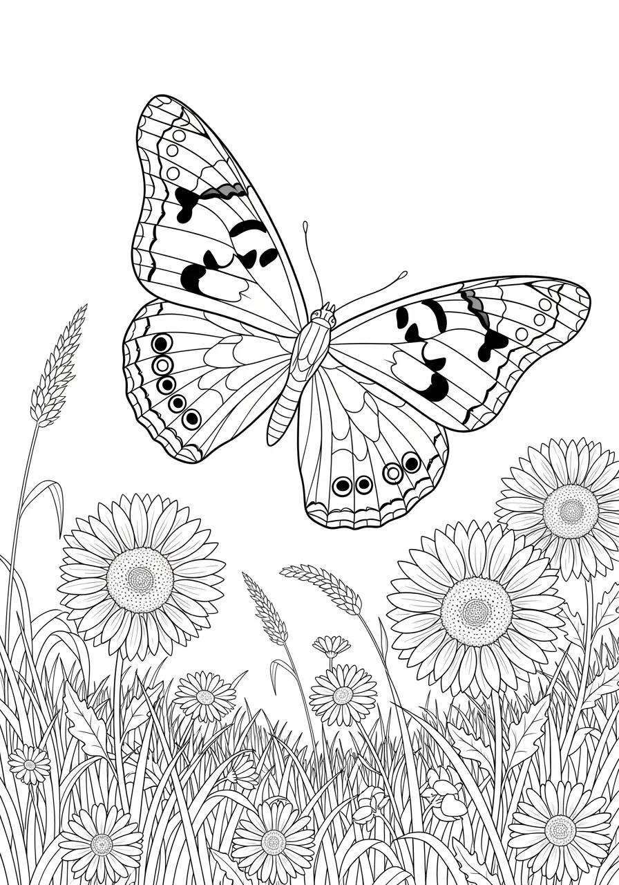 5. Painted Lady Butterfly in Meadow Coloring Page -- prompt: "black lines only Fun coloring book style page featuring a painted lady butterfly with bold wing patterns soaring above a cheerful wildflower meadow filled with daisies, sunflowers, tall swaying grasses, simple clean outlines perfect for crayons flat black lines, premium coloring page, coloring sheet, line drawing, Coloring Book, NO COLOR, NO SHADING, WHITE BACKGROUND. NO GRAY, BLACK AND WHITE, NO COLOR" -- A delicate painted lady butterfly gracefully flies through a peaceful meadow filled with wildflowers. The intricate wing patterns feature the characteristic spots and markings of this beloved species. The meadow setting includes various grasses and small flowers creating a natural habitat scene.