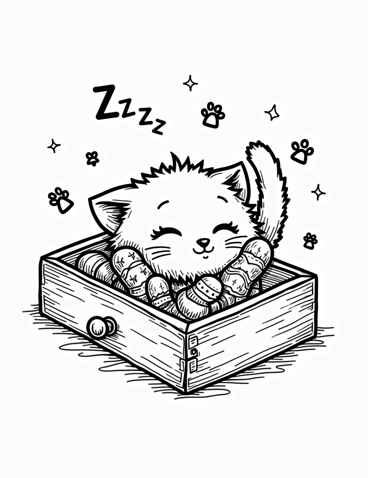 Sleepy Kitten in a Cozy Sock Drawer Coloring Page -- prompt: "black lines only Adorable kitten nestled in cozy sock drawer, outlined in bold black. Playful patterns on socks—stripes, polka dots, hearts. Whiskers and fur tufts emphasized. Drawer handle and wood grain visible. Zzz's floating above kitten's head. Perfect for coloring fun! flat black lines, premium coloring page, coloring sheet, line drawing, Coloring Book, NO COLOR, NO SHADING, WHITE BACKGROUND. NO GRAY, BLACK AND WHITE, NO COLOR" -- This adorable coloring page features a tiny kitten nestled in a drawer full of soft, warm socks. The kitten's peaceful expression and curled-up pose capture the essence of feline contentment. Perfect for cat lovers of all ages, this page offers a heartwarming scene that's sure to bring a smile.