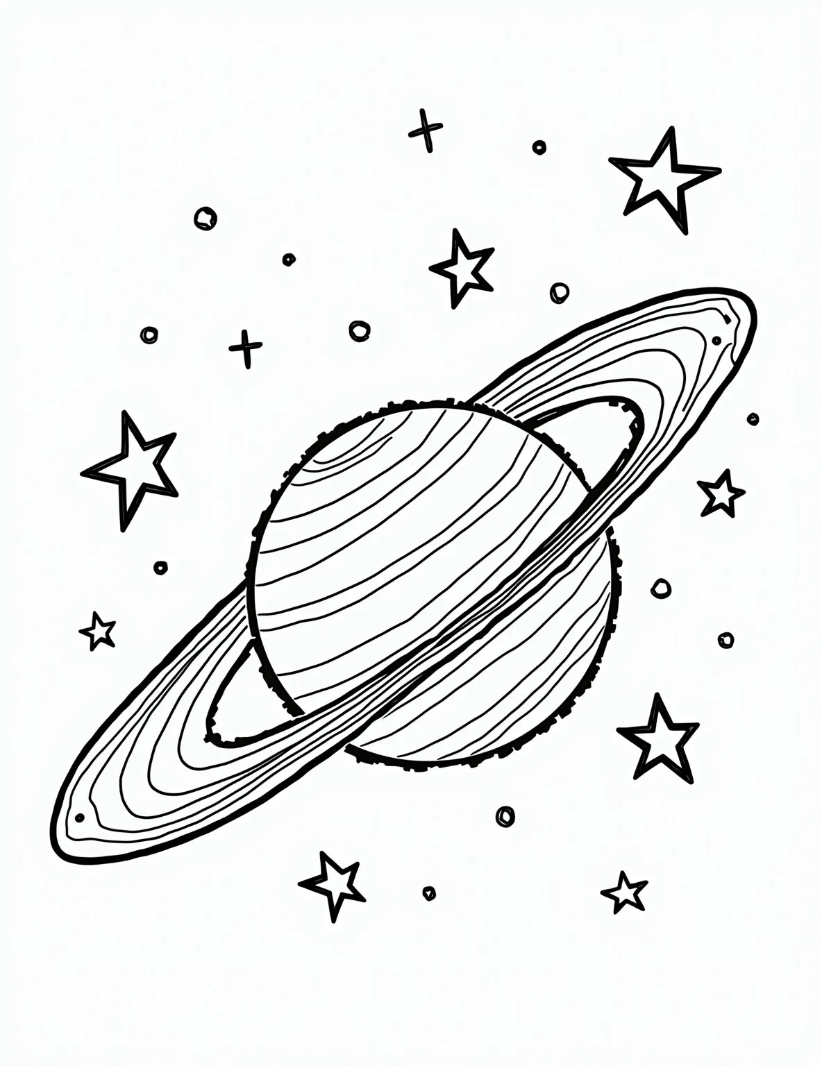 Saturn's Majestic Rings -- prompt: "black lines only Saturn's majestic rings encircle the planet in a playful, simplified outline. Bold, thick lines define its round shape and swirling atmosphere. Stars dot the background as cheerful, geometric shapes. Perfect for coloring, this cosmic scene invites creativity with its clean, fun design. Capture the wonder flat black lines, premium coloring page, coloring sheet, line drawing, Coloring Book, NO COLOR, NO SHADING, WHITE BACKGROUND. NO GRAY, BLACK AND WHITE, NO COLOR" -- Explore the beauty of our solar system's most recognizable planet with this stunning Saturn coloring page. The gas giant is shown in all its glory, complete with its famous ring system. This page offers a great opportunity to use various shades and create a truly eye-catching piece.