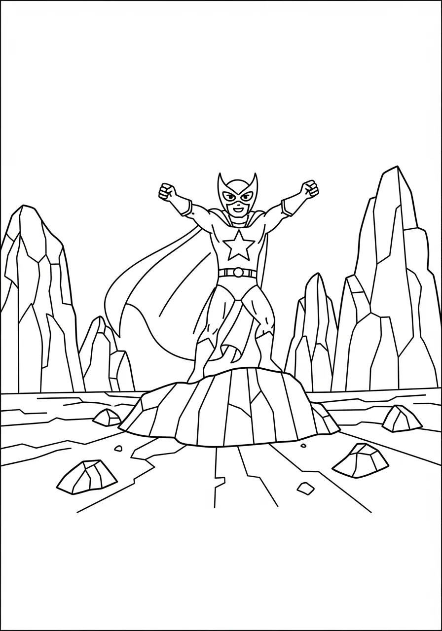 Earth Power Hero Controlling Rock Formations Coloring Page -- prompt: "black lines only Fun coloring book style superhero with cape and mask commanding towering rock spires and jagged stone pillars erupting from cracked earth, bold black outlines, simple shapes, child-friendly design, dynamic action pose with outstretched arms flat black lines, premium coloring page, coloring sheet, line drawing, Coloring Book, NO COLOR, NO SHADING, WHITE BACKGROUND. NO GRAY, BLACK AND WHITE, NO COLOR" -- This impressive coloring page showcases a superhero with earth-based powers raising massive rock formations from the ground. The hero stands with arms raised as stone pillars and rocky platforms emerge around them in a spectacular display. Advanced colorists will enjoy working with different stone textures and earthy color palettes.