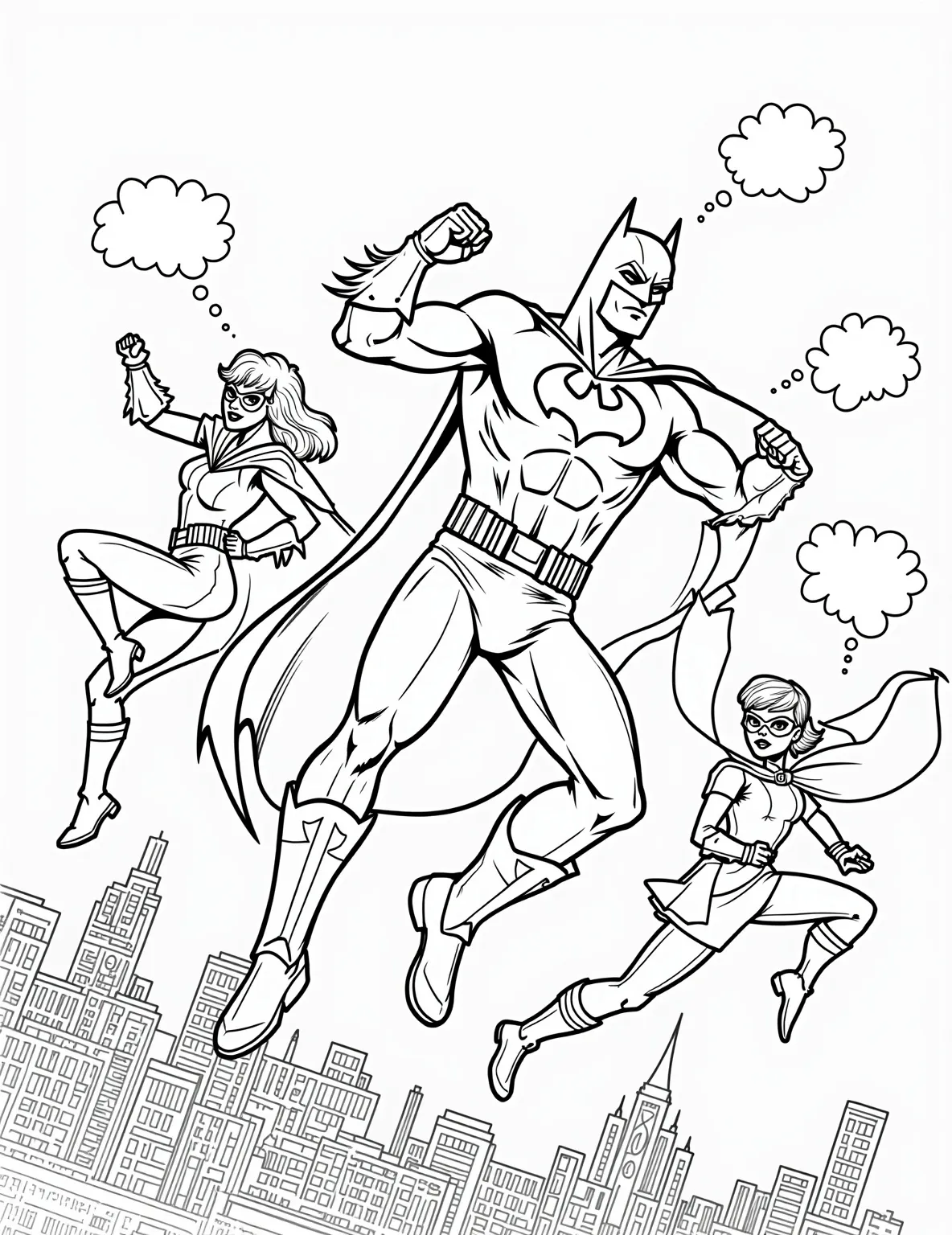 Bat-Family Group Shot Coloring Page -- prompt: "black lines only Bold black outlines frame Gotham's vigilantes in a dynamic coloring book spread. Batman looms center, cape billowing. Robin perches acrobatically, Batgirl strikes a pose, Nightwing grins mischievously. Empty speech bubbles await witty banter. Gotham skyline beckons in background, ready for imaginative hues. flat black lines, premium coloring page, coloring sheet, line drawing, Coloring Book, NO COLOR, NO SHADING, WHITE BACKGROUND. NO GRAY, BLACK AND WHITE, NO COLOR" -- Celebrate Batman's extended family with this group shot coloring page. Featuring characters like Robin, Batgirl, Nightwing, and others, this page offers a variety of costumes and characters to bring to life. It's ideal for those who enjoy coloring multiple characters and exploring the wider Batman universe.