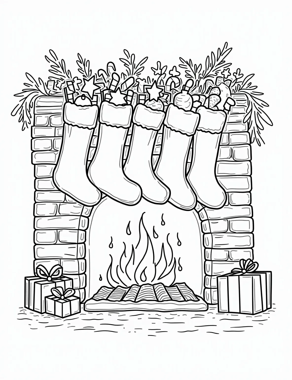 Christmas Stocking Stuffers Coloring Page -- prompt: "black lines only Oversized Christmas stockings with exaggerated zigzag stitching hang from a cartoonish brick fireplace. Chunky candy canes, round ornaments, and star-shaped gifts tumble out. Bold outlines define each element, creating a playful scene perfect for coloring. Flames dance merrily in the hearth, fun coloring book style. flat black lines, premium coloring page, coloring sheet, line drawing, Coloring Book, NO COLOR, NO SHADING, WHITE BACKGROUND. NO GRAY, BLACK AND WHITE, NO COLOR" -- Explore the tradition of Christmas stockings with this charming coloring page. The image shows several stockings hung by a fireplace, overflowing with small gifts and treats. This page is perfect for children and adults who love the anticipation of discovering stocking stuffers on Christmas morning.