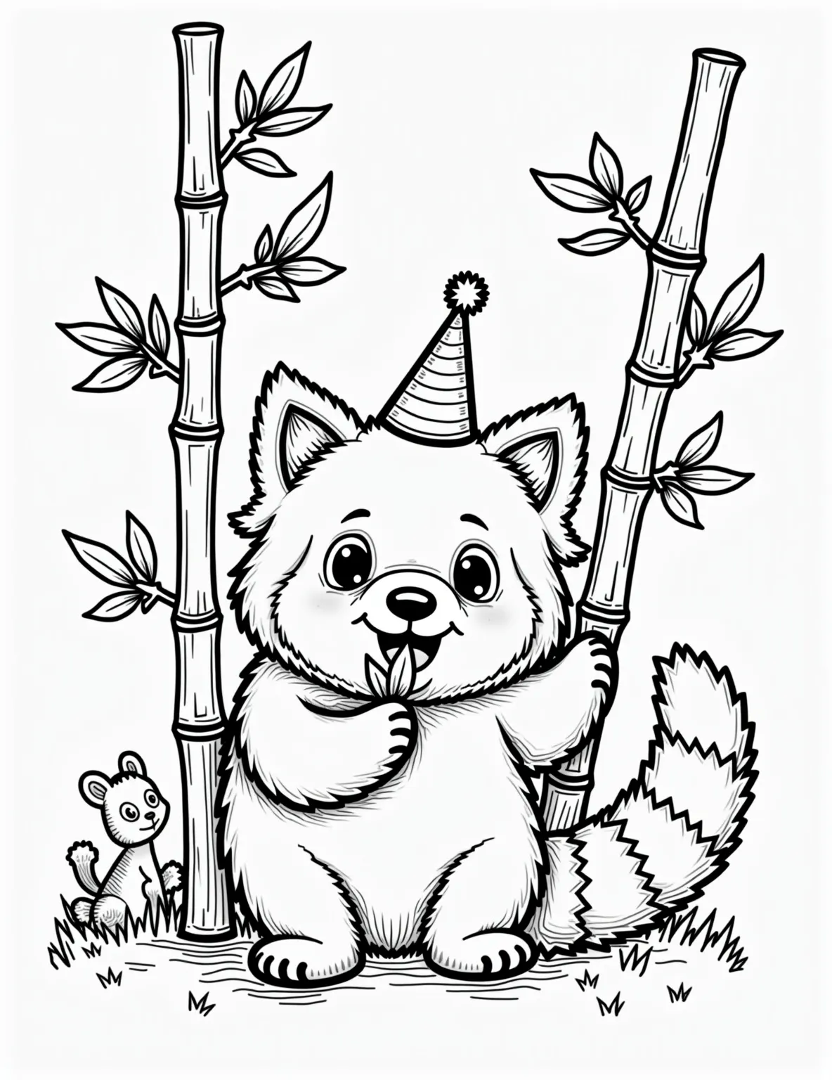 Curious Red Panda's Bamboo Feast -- prompt: "black lines only Delightful coloring page featuring adorable cartoon red panda, round-eyed and fluffy-tailed, contentedly munching bamboo leaves. Surrounded by bold outlines of towering bamboo stalks. Simple, clean lines perfect for coloring. Cheerful scene encourages creativity and relaxation. Cute panda's expression radiates joy. flat black lines, premium coloring page, coloring sheet, line drawing, Coloring Book, NO COLOR, NO SHADING, WHITE BACKGROUND. NO GRAY, BLACK AND WHITE, NO COLOR" -- Discover the charm of a cute red panda enjoying a bamboo snack in this delightful coloring page. The red panda's fluffy tail and distinctive markings provide interesting textures to color. This page is ideal for animal lovers and those who appreciate the beauty of Asian wildlife.