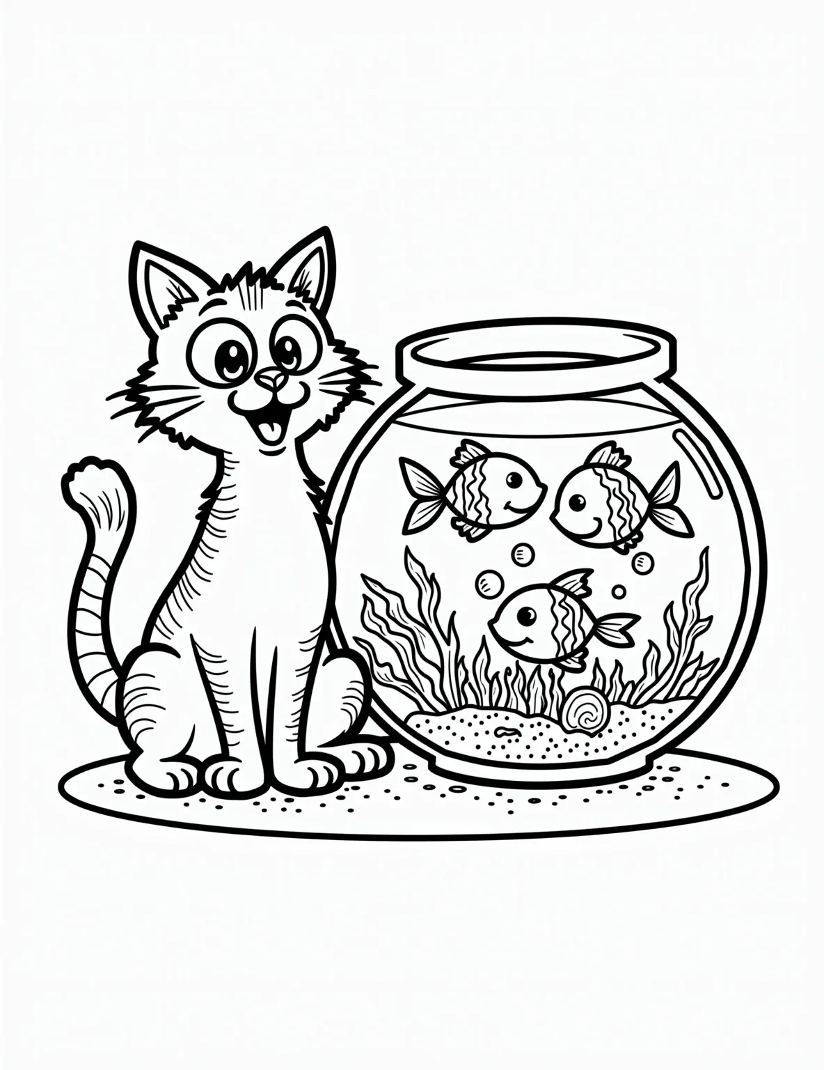 Cat and Fish Bowl Temptation Coloring Page -- prompt: "black lines only A playful coloring book page featuring a mischievous cat with wide eyes and raised paw, sitting beside an oversized fishbowl. Inside, cartoon fish swim in exaggerated patterns. Bold outlines define each element, with dotted textures and simple shapes perfect for coloring. A whimsical scene flat black lines, premium coloring page, coloring sheet, line drawing, Coloring Book, NO COLOR, NO SHADING, WHITE BACKGROUND. NO GRAY, BLACK AND WHITE, NO COLOR" -- This humorous scene showcases a cat's eternal fascination with fish. The page features a wide-eyed cat staring intently at a fish bowl, capturing a moment of feline temptation. It's a fun choice for those who enjoy playful cat coloring pages with a touch of mischief.